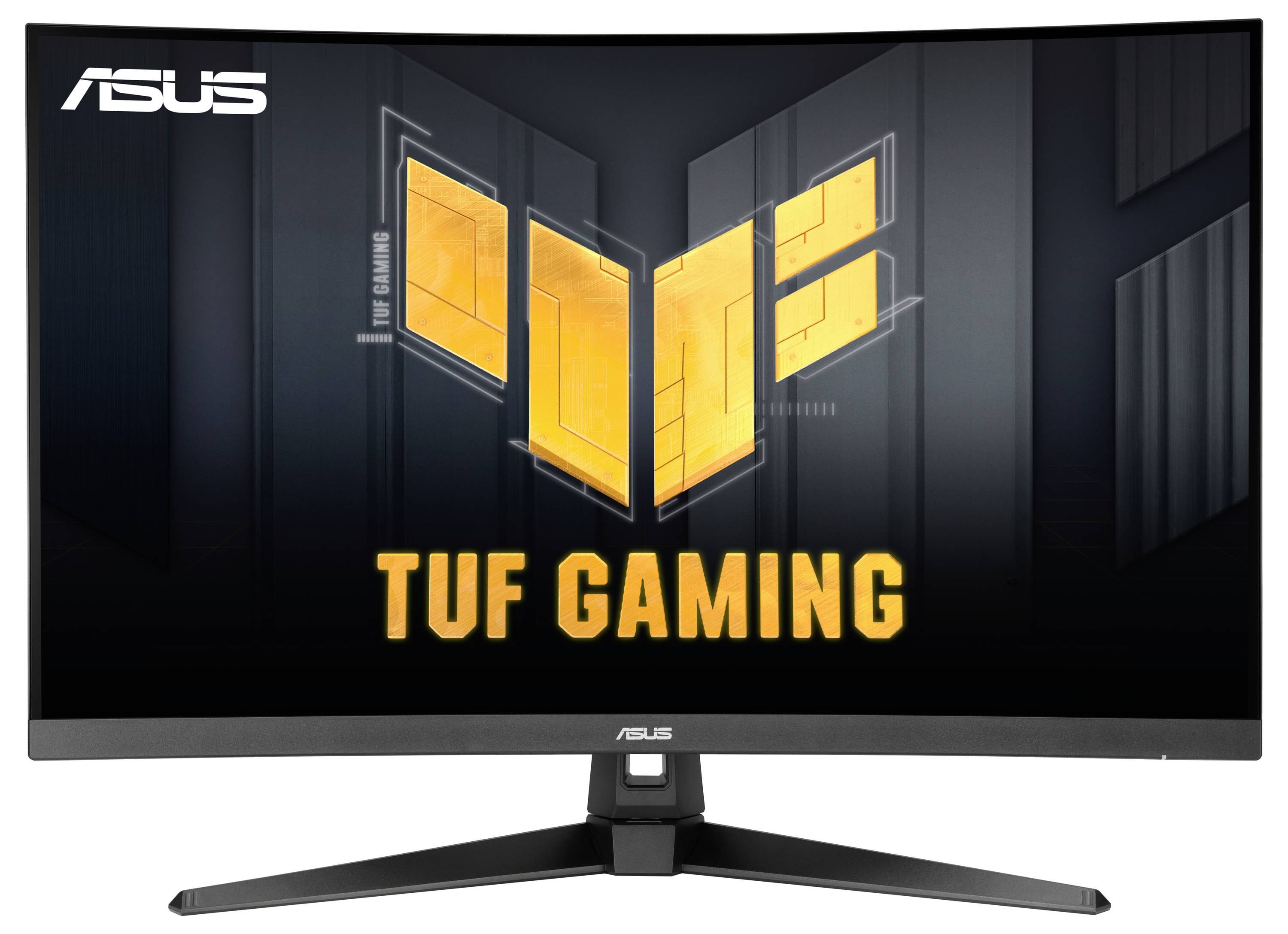 Monitor marki ASUS TUF Gaming z zakrzywionym ekranem i jasnym logo na wyświetlaczu, idealny do intensywnej rozgrywki.