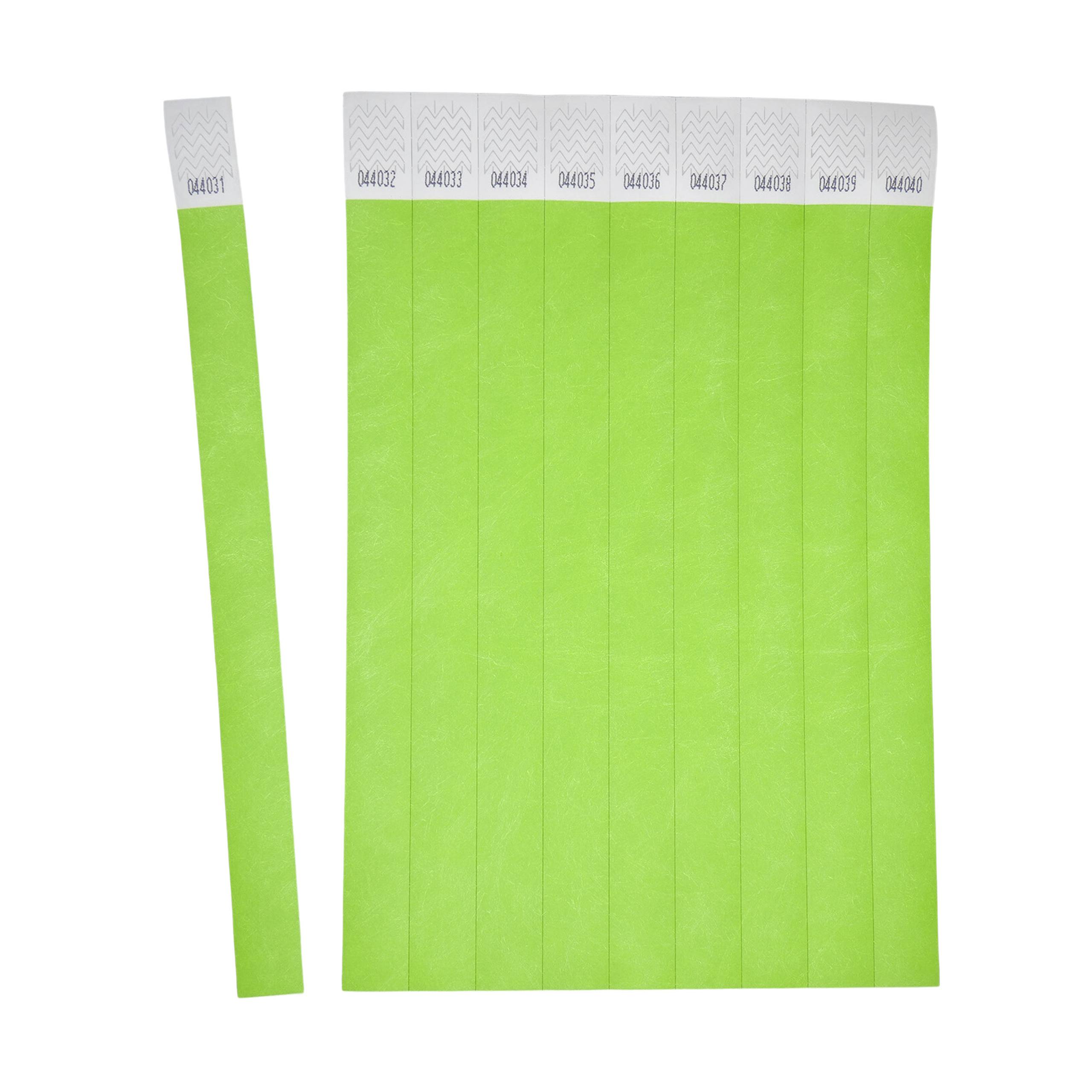 Dziesięć zielonych opasek papierowych z białymi zakładkami, ponumerowanych od 040401 do 040409, leży równo ułożonych, jedna nieco na uboczu.