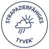 Wytrzymały Tyvek z symbolem chmury i kropel deszczu, wskazujący na odporność na warunki atmosferyczne.