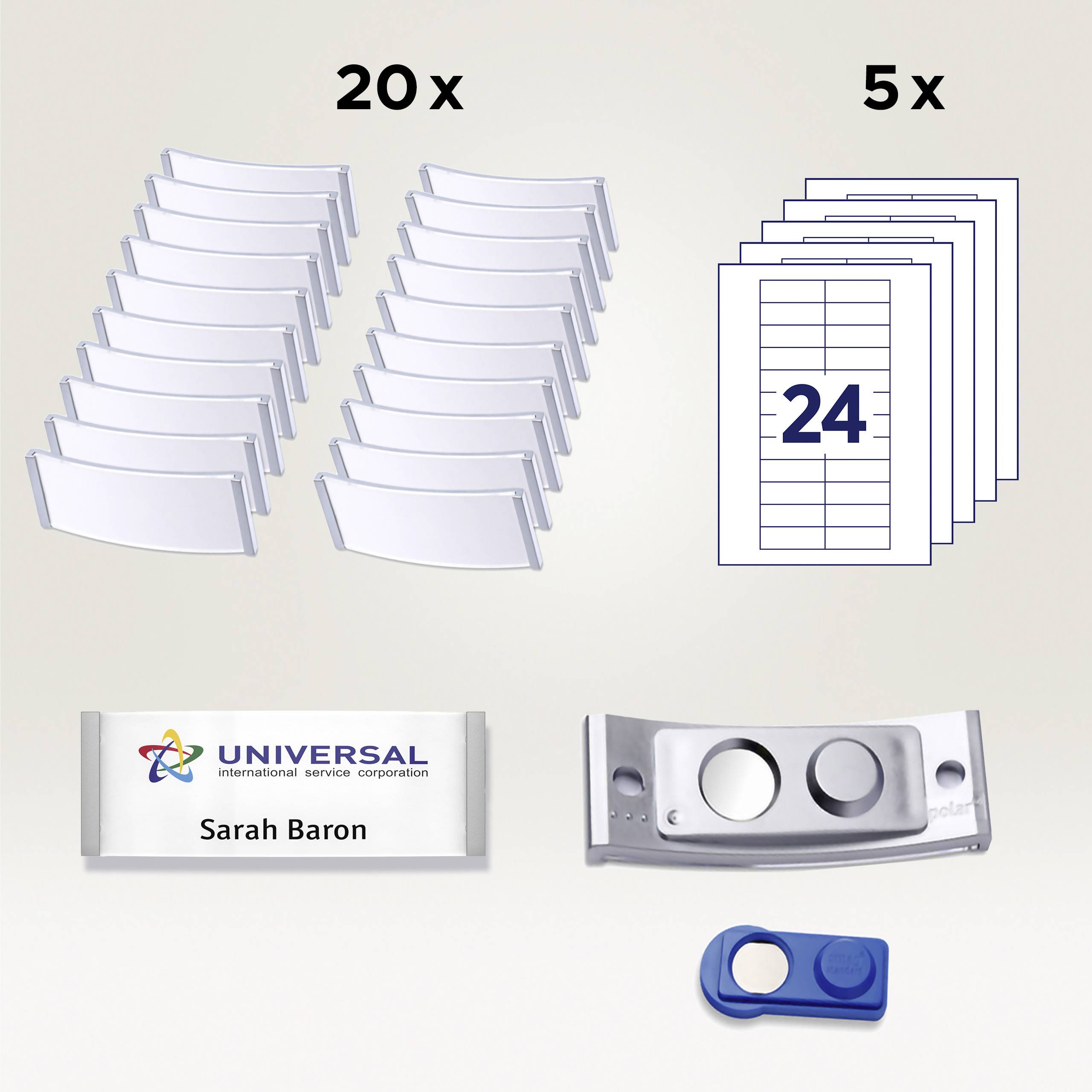 20 zakrzywionych tabliczek z nazwiskami, 5 arkuszy kart identyfikacyjnych z numerem 24. Personalizowana tabliczka z imieniem i nazwiskiem oraz uchwyt z klipsem.