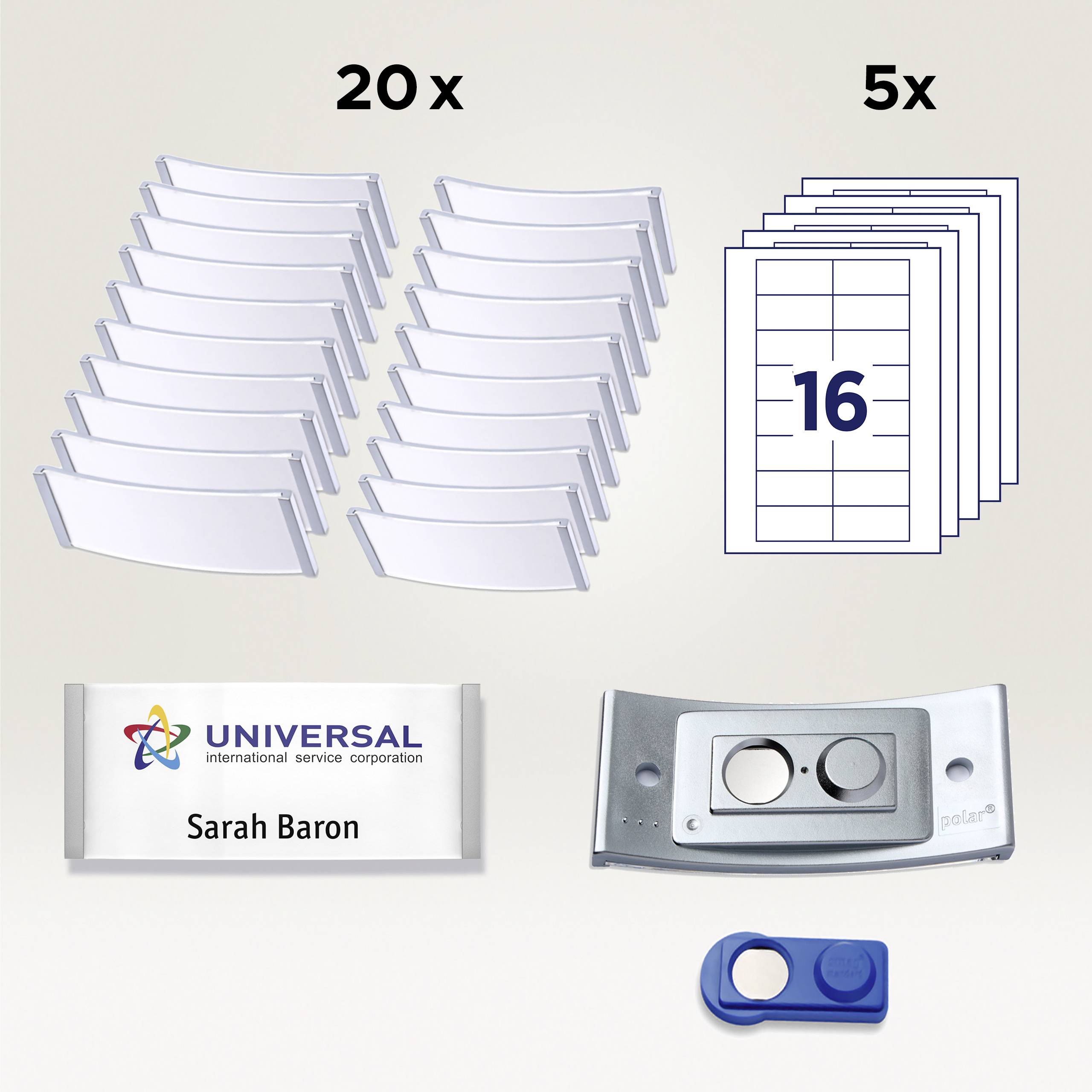 20 tabliczek na drzwi, 5 arkuszy po 16 etykiet, tabliczka z nazwiskiem 'Sarah Baron', uchwyt metalowy i niebieskie narzędzie plastikowe.