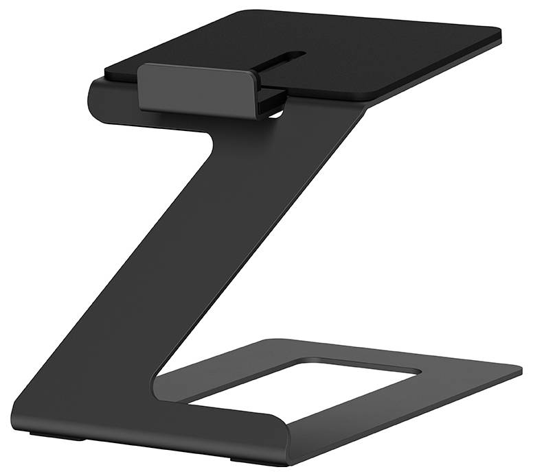 Czarny, z-kształtny stojak na laptopa o minimalistycznym designie. Posiada skośną platformę do podtrzymywania urządzenia.