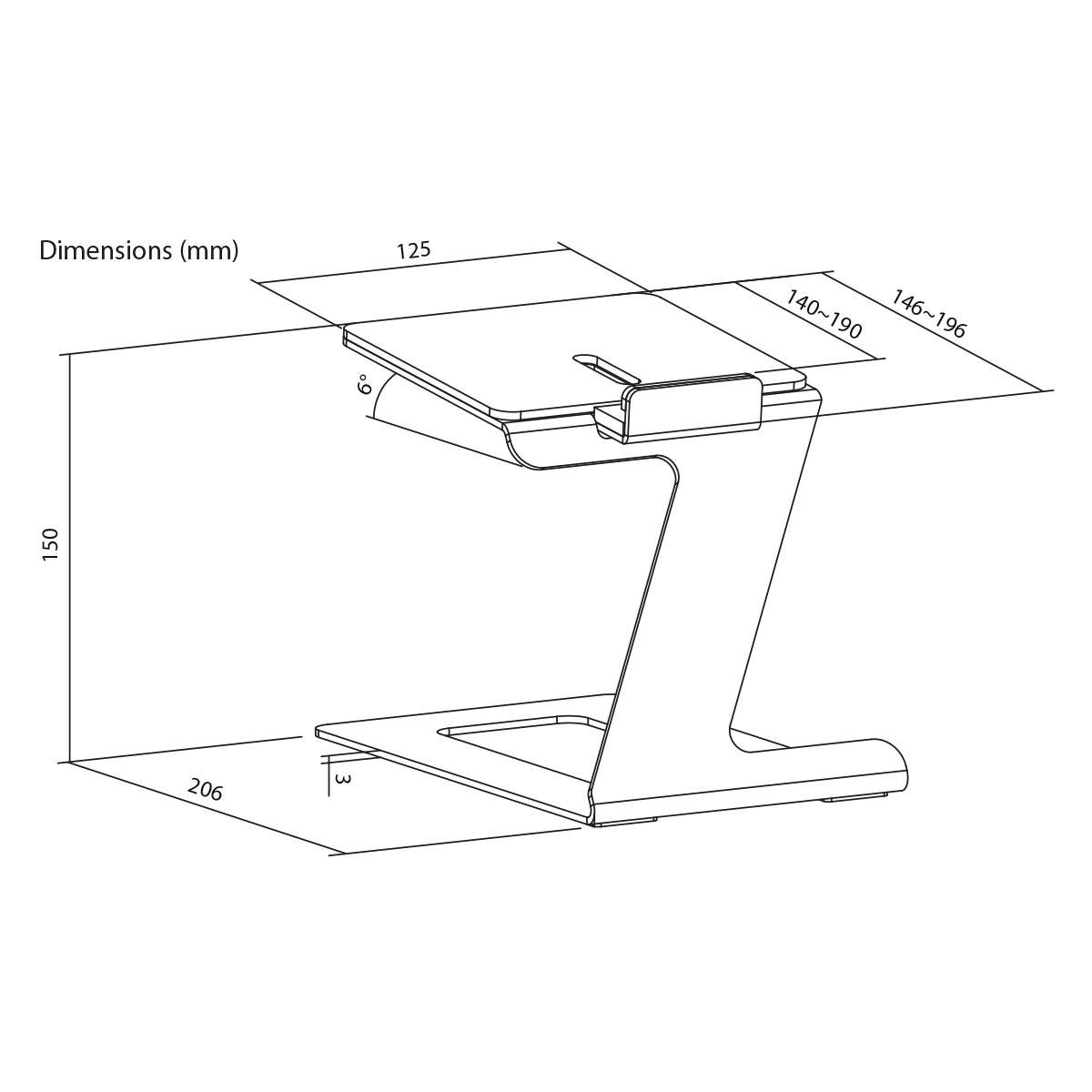 Rysunek techniczny stołu z wymiarami w milimetrach: Wysokość 150, Szerokość 206, Głębokość 125. Regulowana szerokość 140-190.