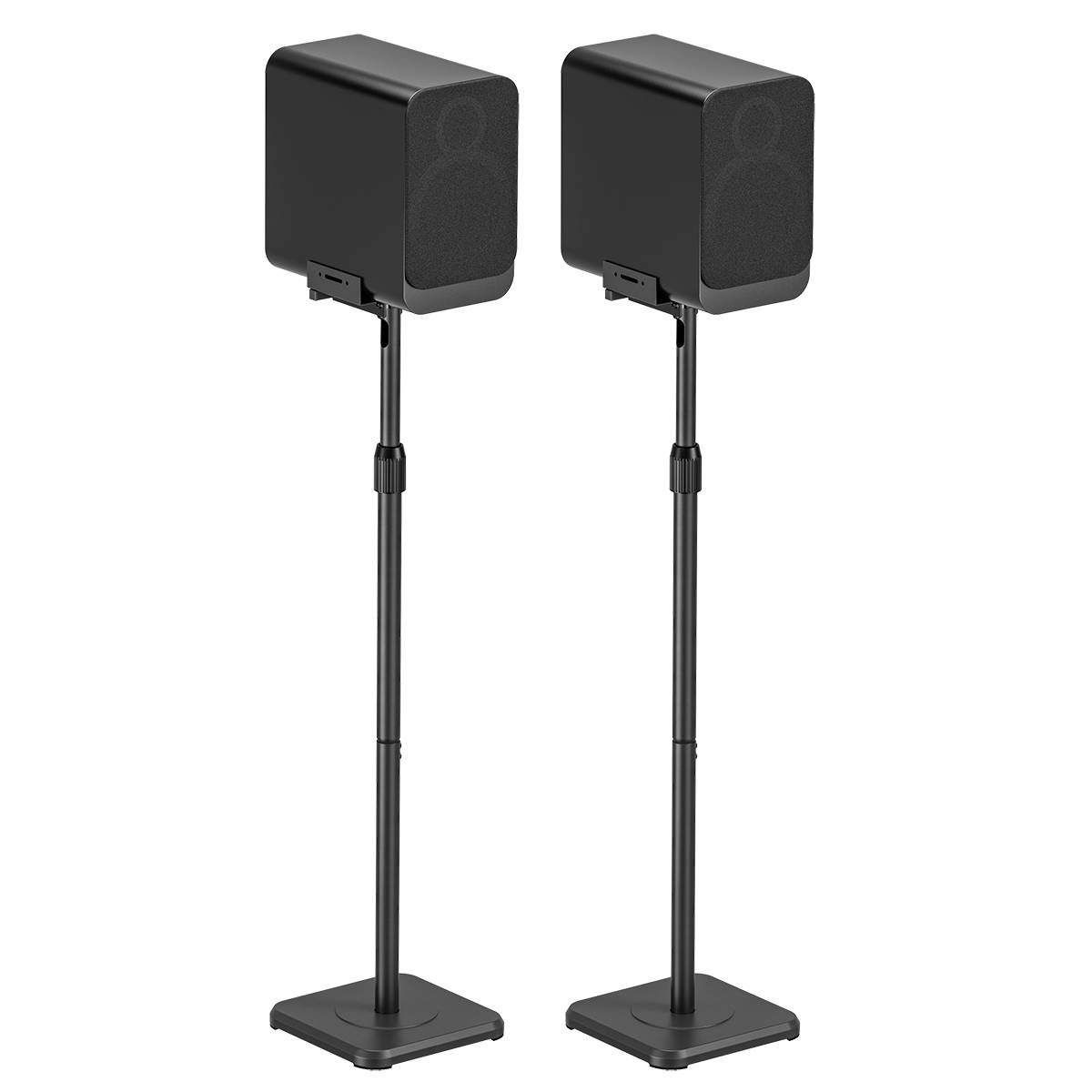 Dwa czarne głośniki na stojakach, ustawione symetrycznie obok siebie. Idealne do nagłośnienia domowego kina lub muzyki.