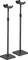 Dwa czarne, regulowane wysokościowo stojaki głośnikowe z prostokątnymi podstawami i płytkami mocującymi na górze. Odpowiednie do montażu głośników.