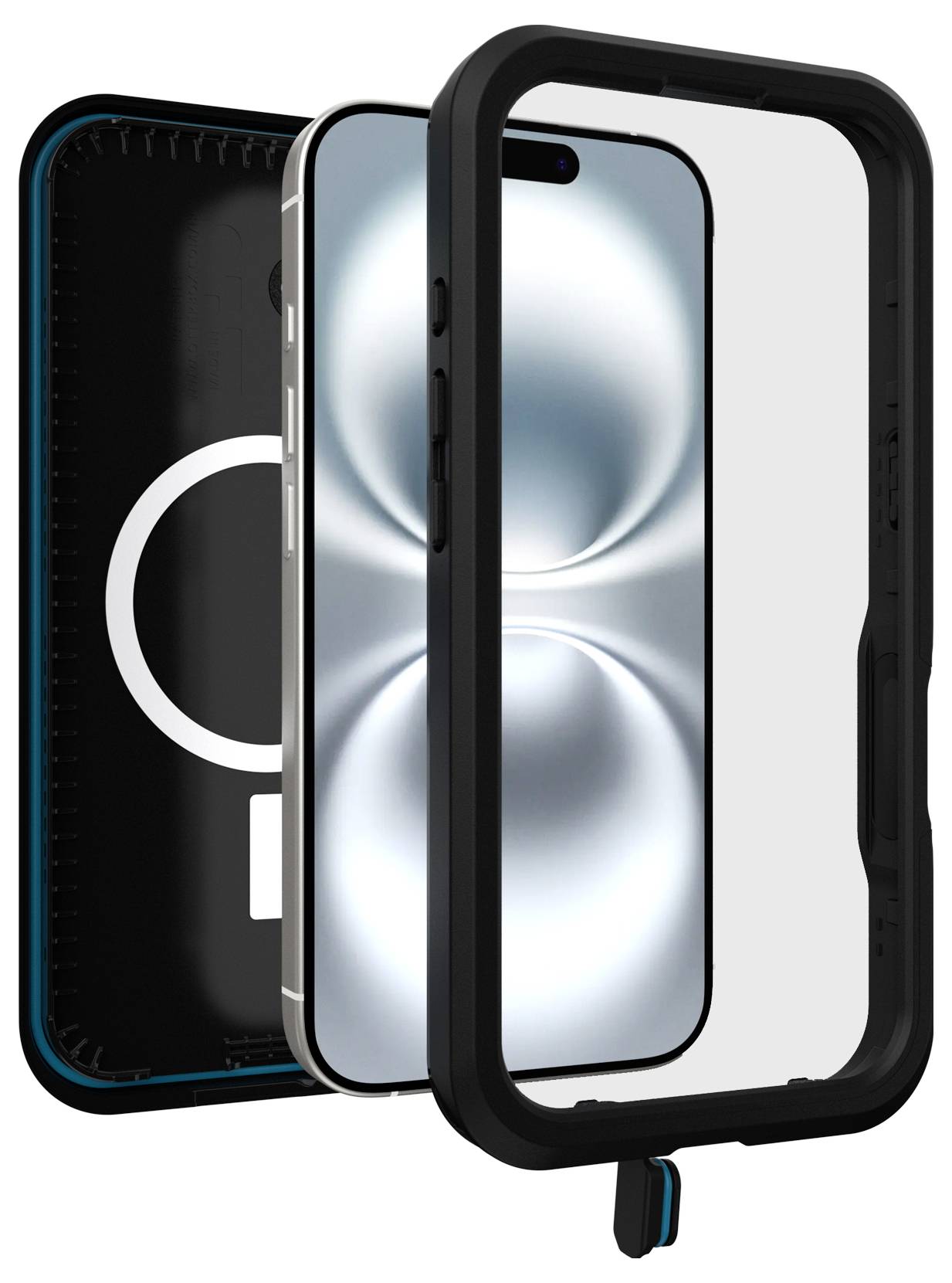 Smartfon w przezroczystej obudowie ochronnej z magnetycznym złączem ładowania, widziany z boku, prezentujący ochronę 360 stopni.