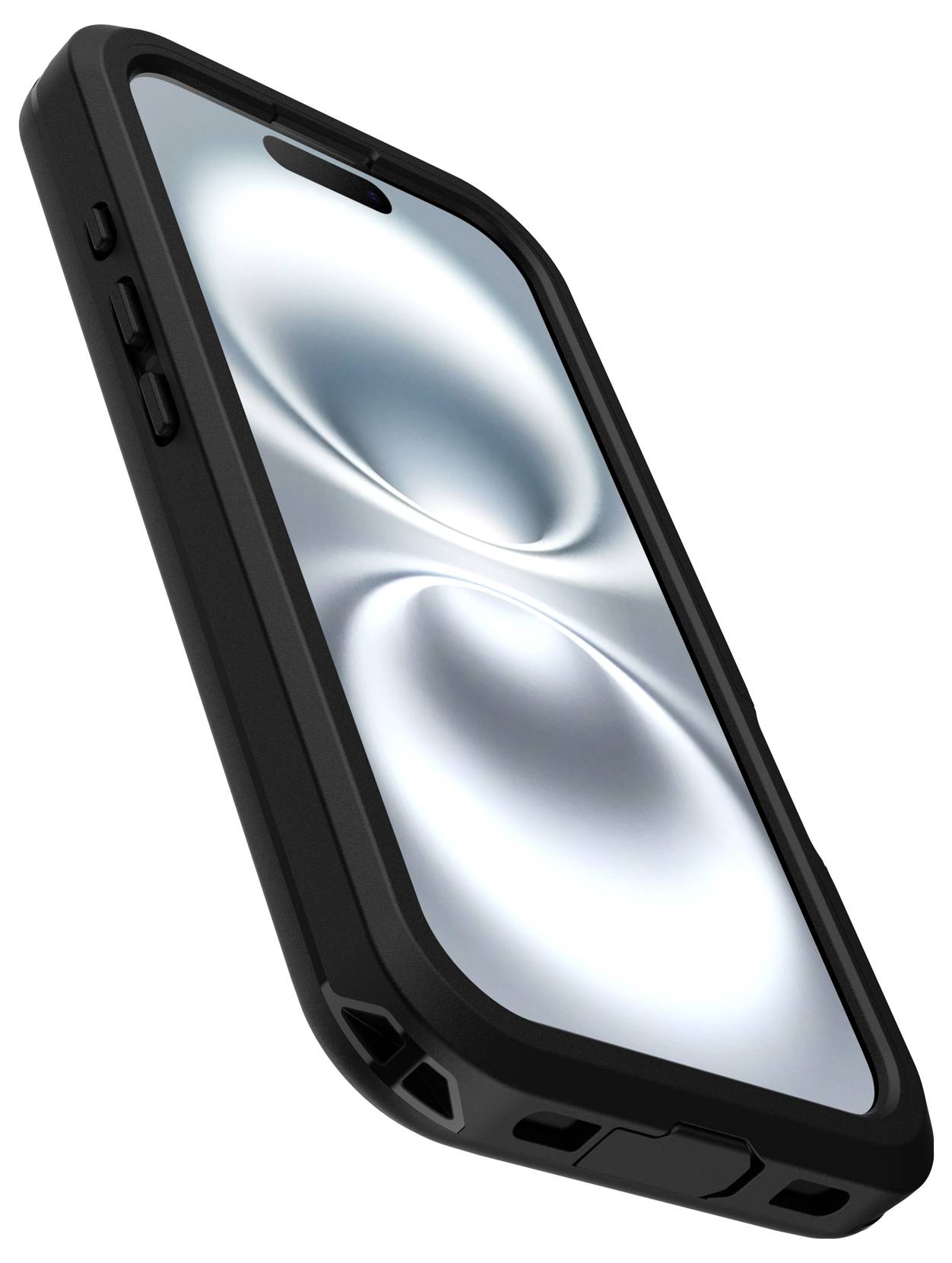 Smartfon w czarnym etui, widok z przodu. Wyświetlacz prezentuje abstrakcyjne wzory w kolorach białym i szarym.