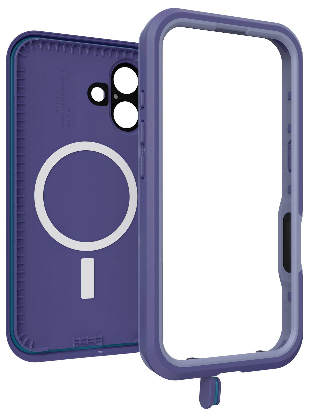 Solidowa, fioletowa obudowa smartfona z magnetycznym kółkiem na tylnej stronie oraz wycięciami na aparat i przyciski.