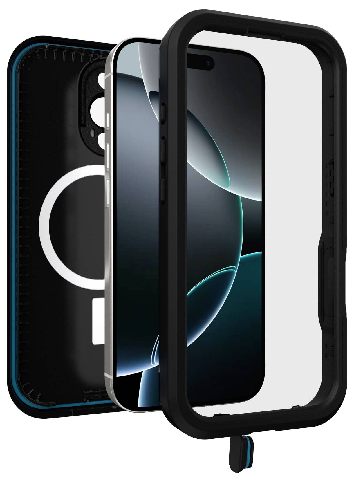 Smartfon w wytrzymałej obudowie ochronnej, otwarty, aby pokazać design. Etui z wzmocnioną krawędzią i przezroczystym ekranem.