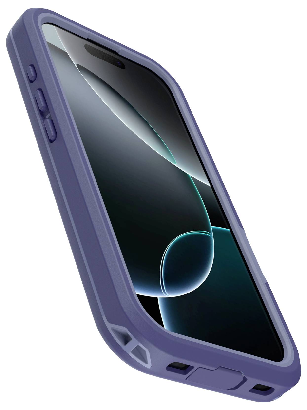 Smartfon z ciemnoniebieską, wytrzymałą obudową, którego ekran wyświetla abstrakcyjną grafikę ze złożonymi kształtami w ciemnych i neonowoniebieskich odcieniach.