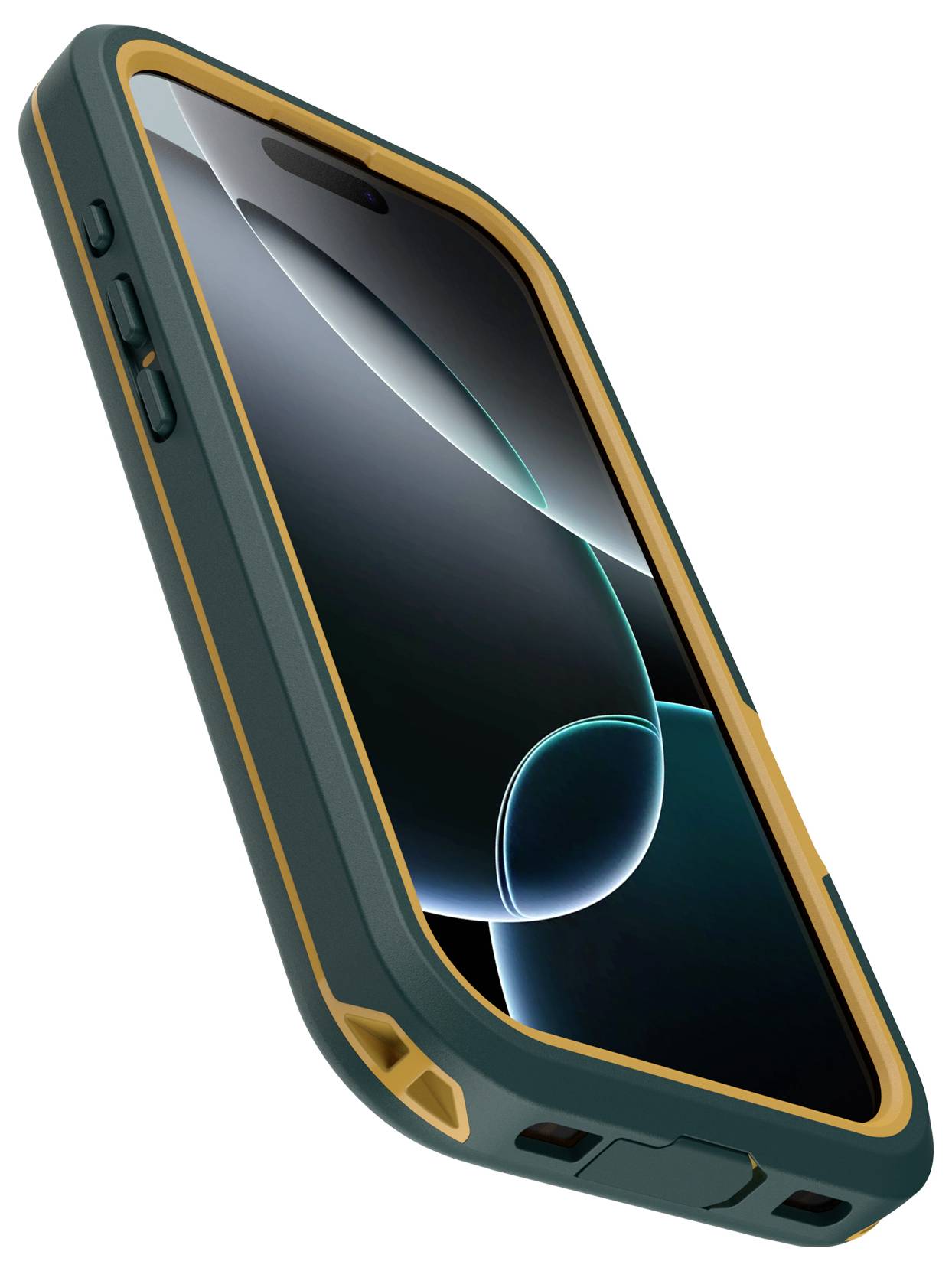 Smartfon w wytrzymałej, zielonej obudowie, lekko pochylony. Na ekranie widoczny abstrakcyjny, ciemny design z niebieskimi liniami.