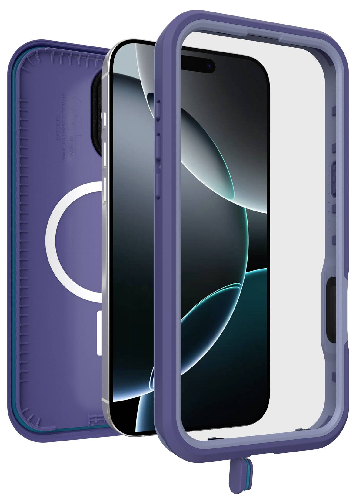 Niebieskie etui na smartfona z przezroczystą osłoną przedniej części; prezentuje czarny smartfon. Etui posiada magnetyczny pierścień na tylnej stronie.