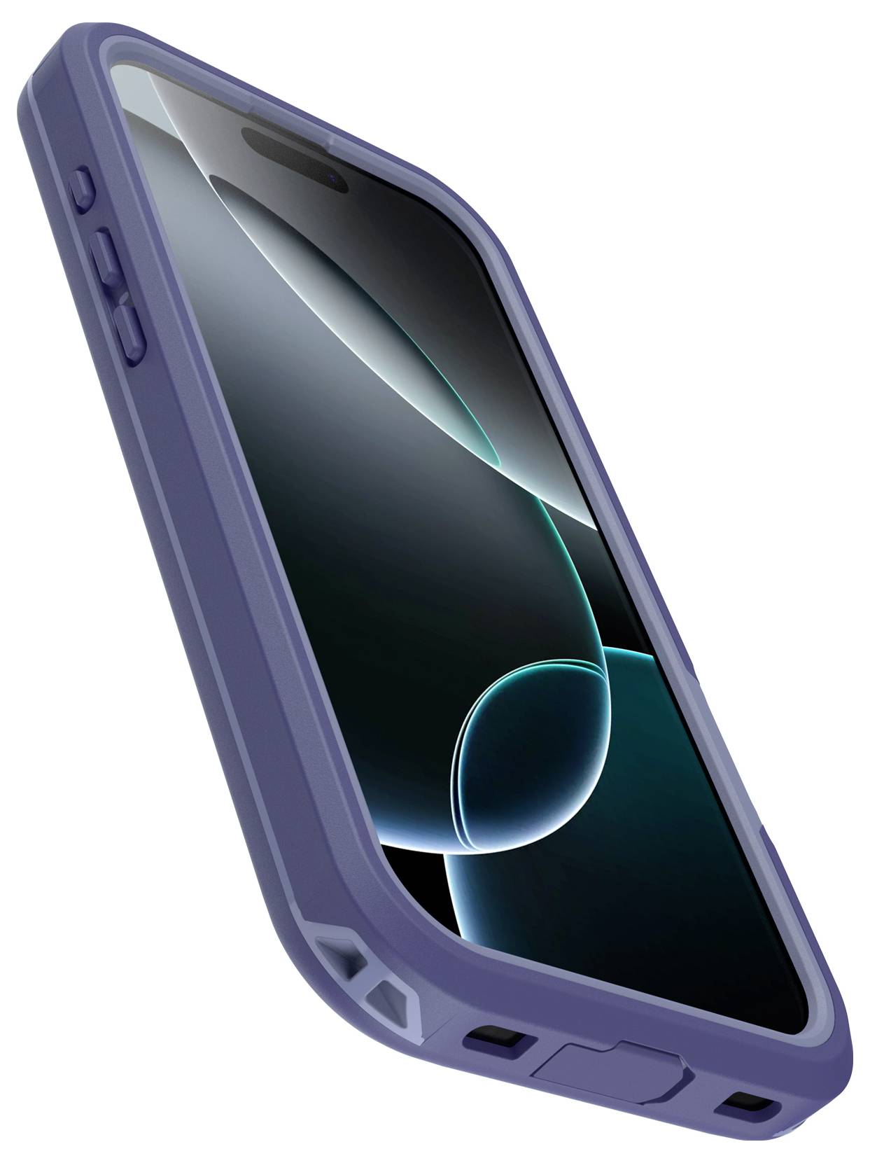 Smartfon w niebieskim etui jest pokazany pod skosnym kątem z boku. Na ekranie widać abstrakcyjny, ciemny wzór.