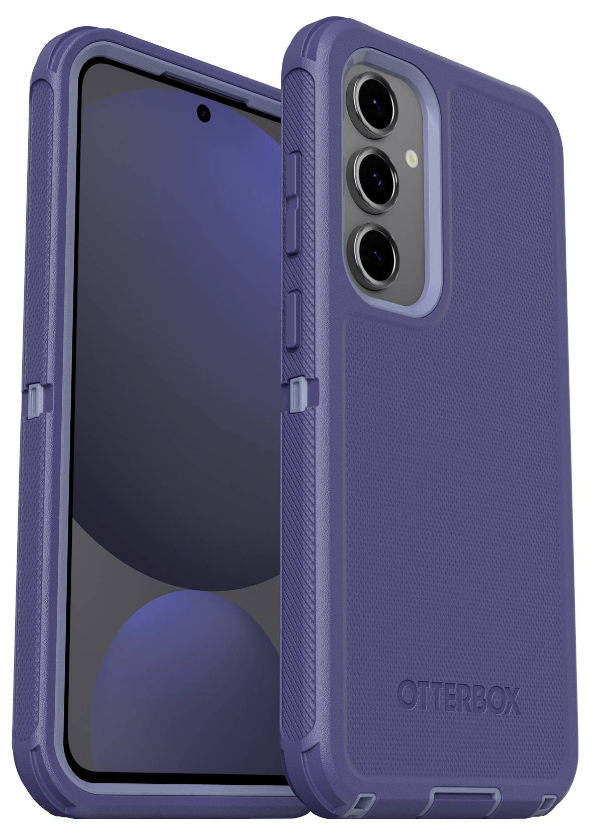 Smartfon w wytrzymałej, niebieskiej obudowie OtterBox z potrójnym aparatem, przedstawiający widok przedniego i tylnego ekranu urządzenia.