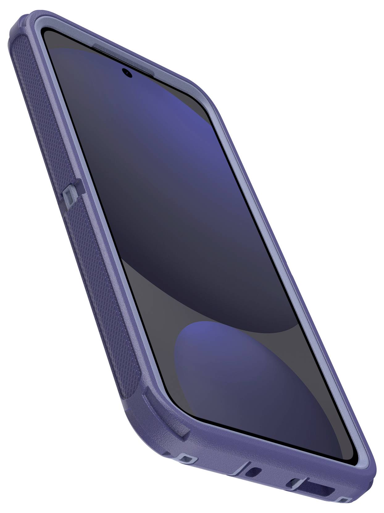 Smartfon z ciemnym, lustrzanym ekranem i niebieską obudową ochronną, skierowany na skos w lewą górną stronę.