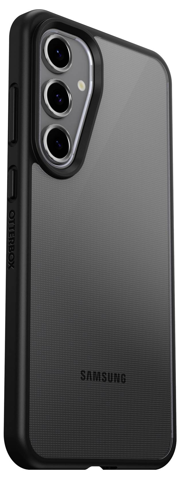 Widok z tyłu czarnego smartfona Samsung w wytrzymałej obudowie ochronnej z trzema obiektywami aparatu. Oznaczenie 'OtterBox' po stronie etui.