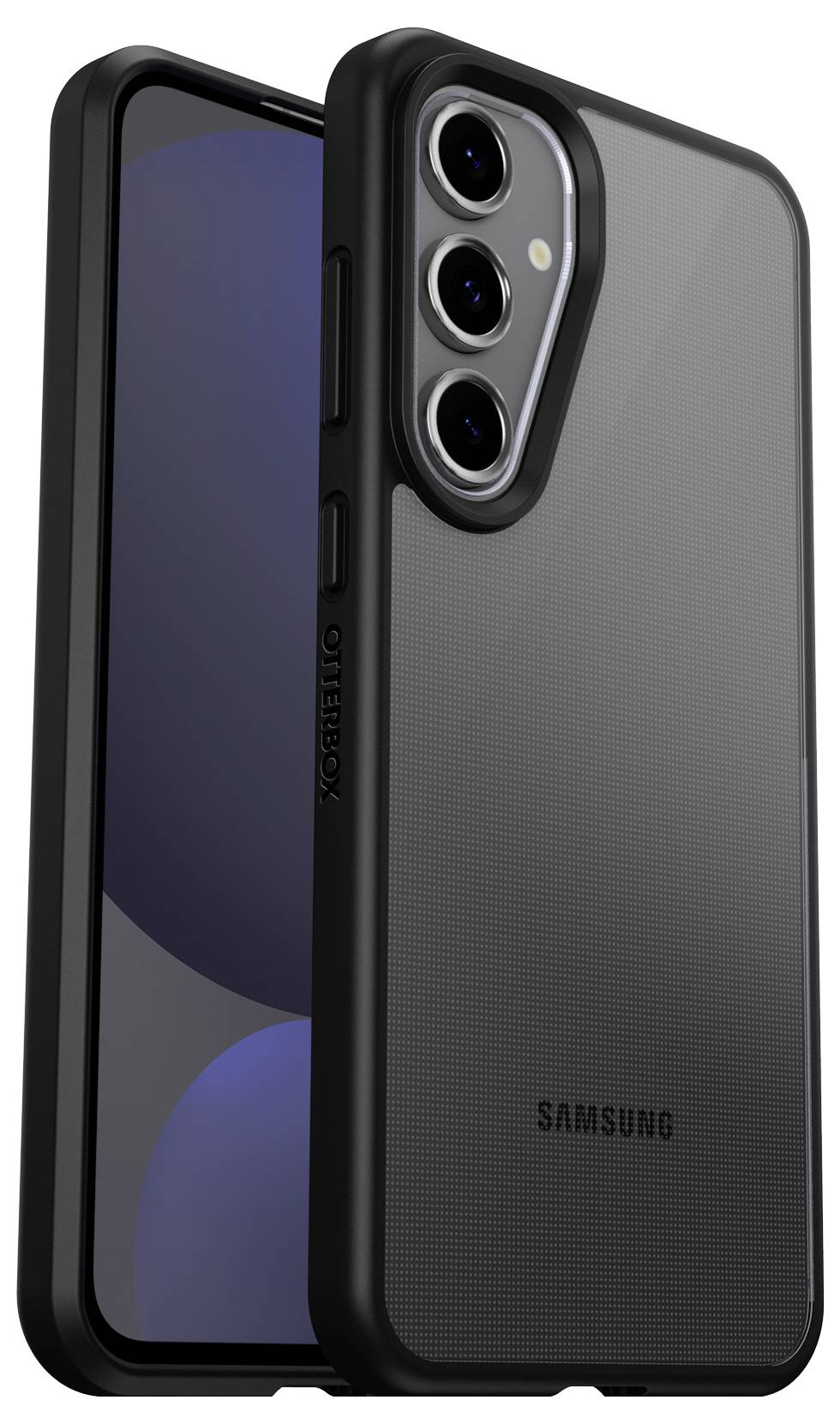Czarny smartfon marki Samsung z przezroczystą obudową, ustawiony pionowo. Telefon posiada aparat z trzema obiektywami.