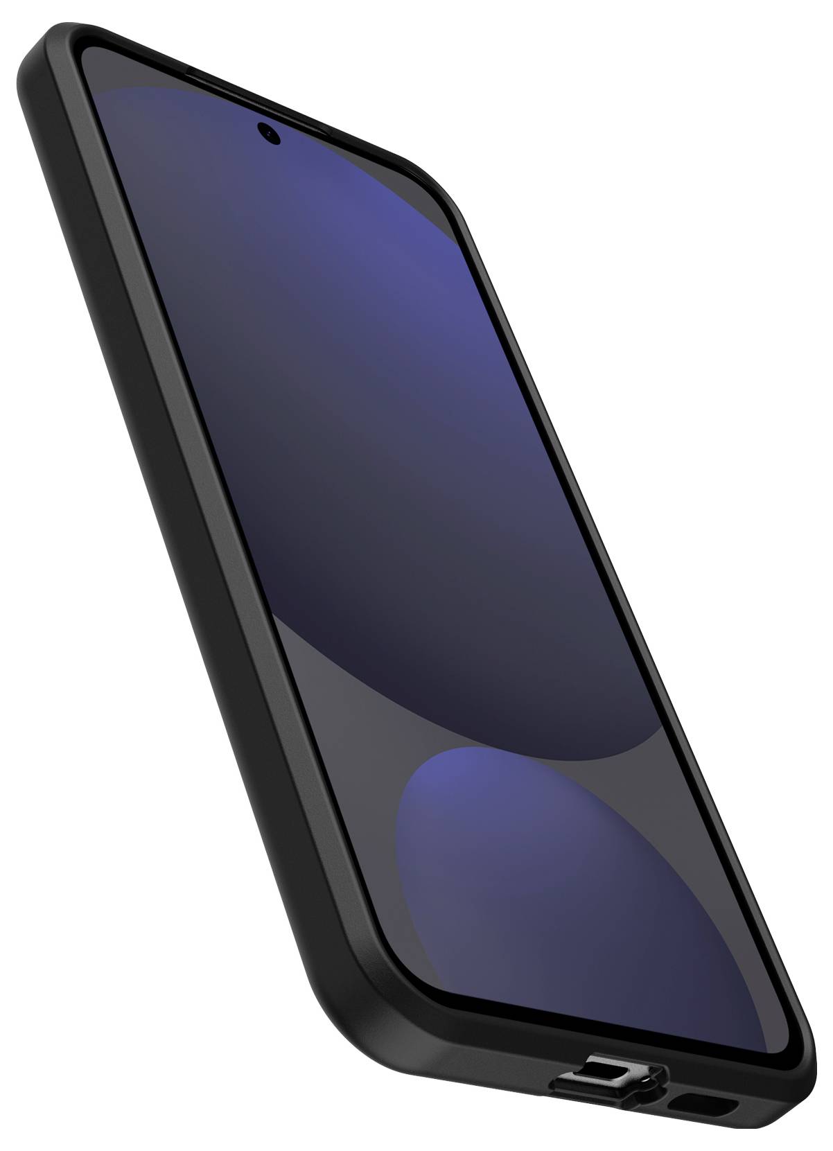 Smartfon w czarnej obudowie z ciemnym ekranem, sfotografowany lekko pod skosem z boku.
