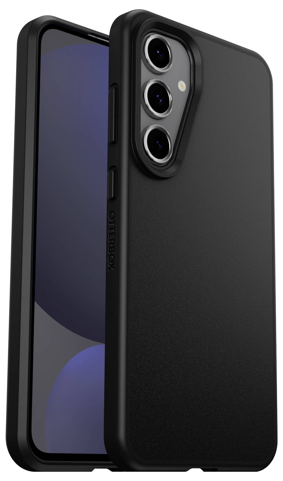 Czarny smartfon z potrójnym obiektywem kamery i czarną obudową. Ekran wyświetla ciemne tło.