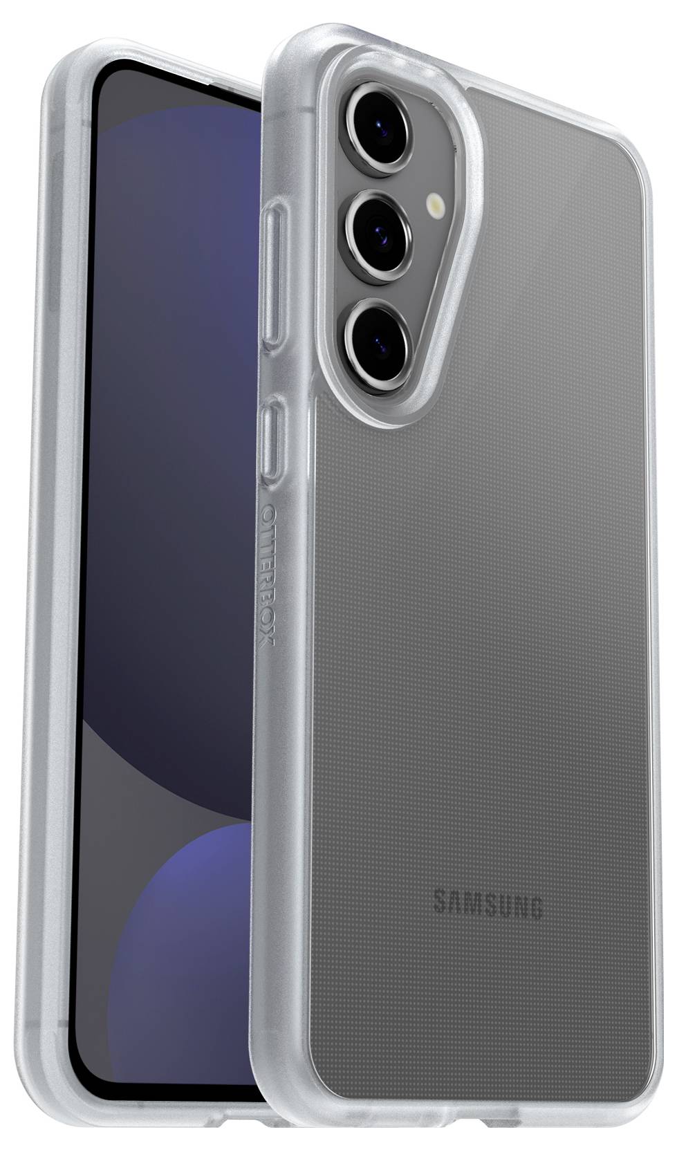 Smartfon z przezroczystą obudową pokazuje przednią i tylną stronę. Tylna strona posiada trzy obiektywy aparatu.