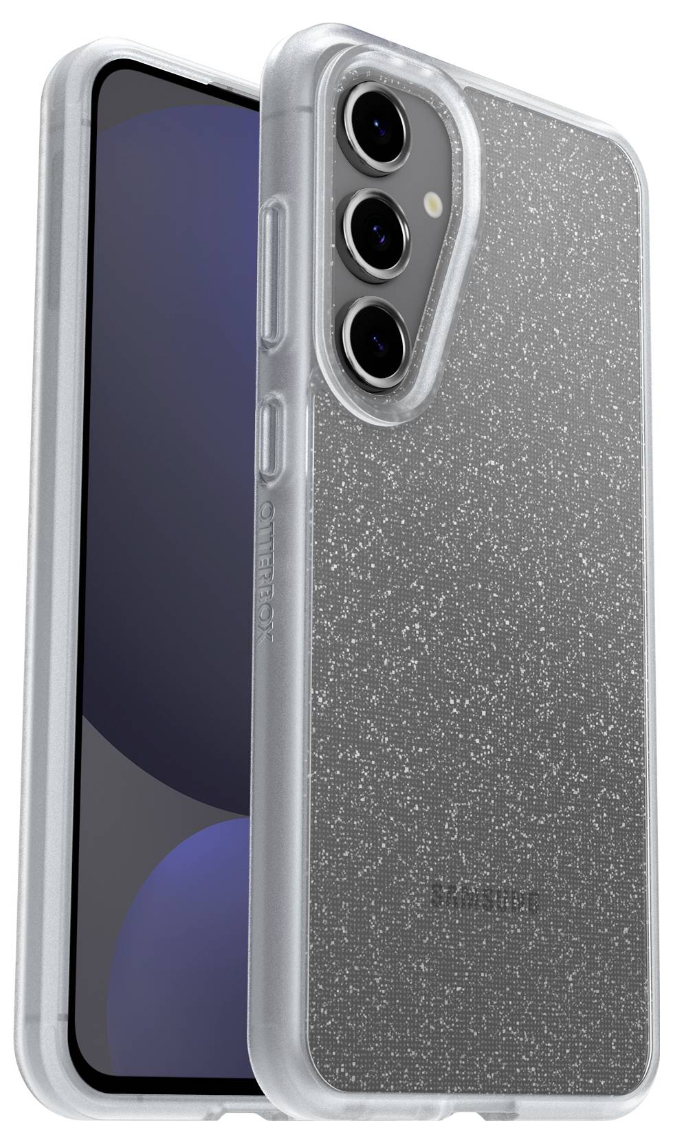 Smartfon z błyszczącą, przezroczystą obudową zabezpieczającą tylną część urządzenia. Widoczne są trzy obiektywy aparatu.