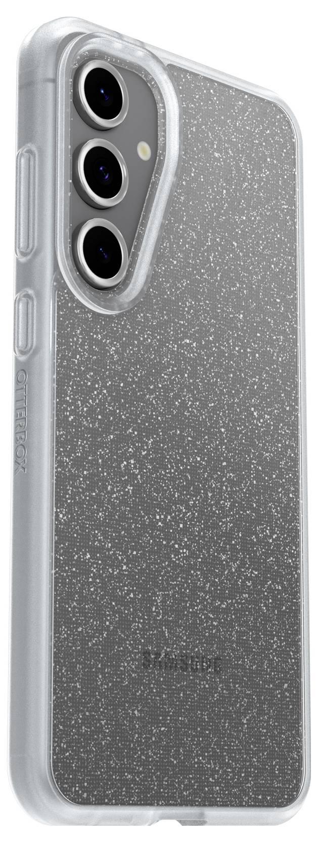 Smartfon z przezroczystą, błyszczącą obudową, prezentujący trzy obiektywy aparatu.