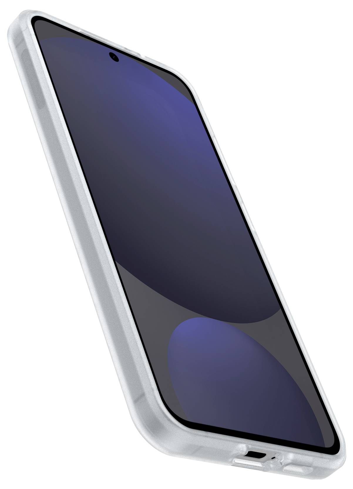 Smartfon z niebiesko podświetlonym wyświetlaczem, oglądany lekko z boku, w srebrnej obudowie. Ekran jest ciemny, bez widocznej zawartości.