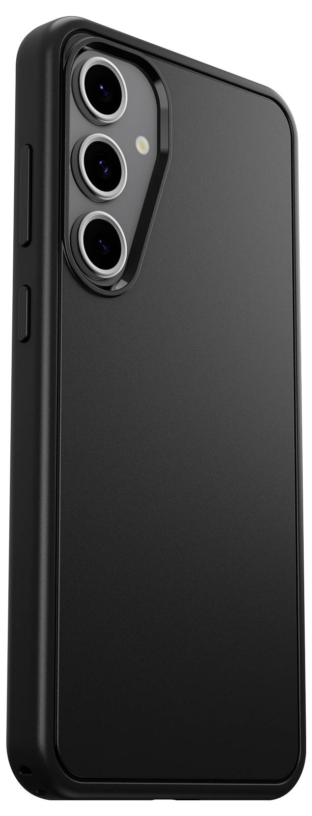Czarny smartfon z potrójnym aparatem z tyłu. Prezentowany model charakteryzuje się smukłą, nowoczesną stylistyką.