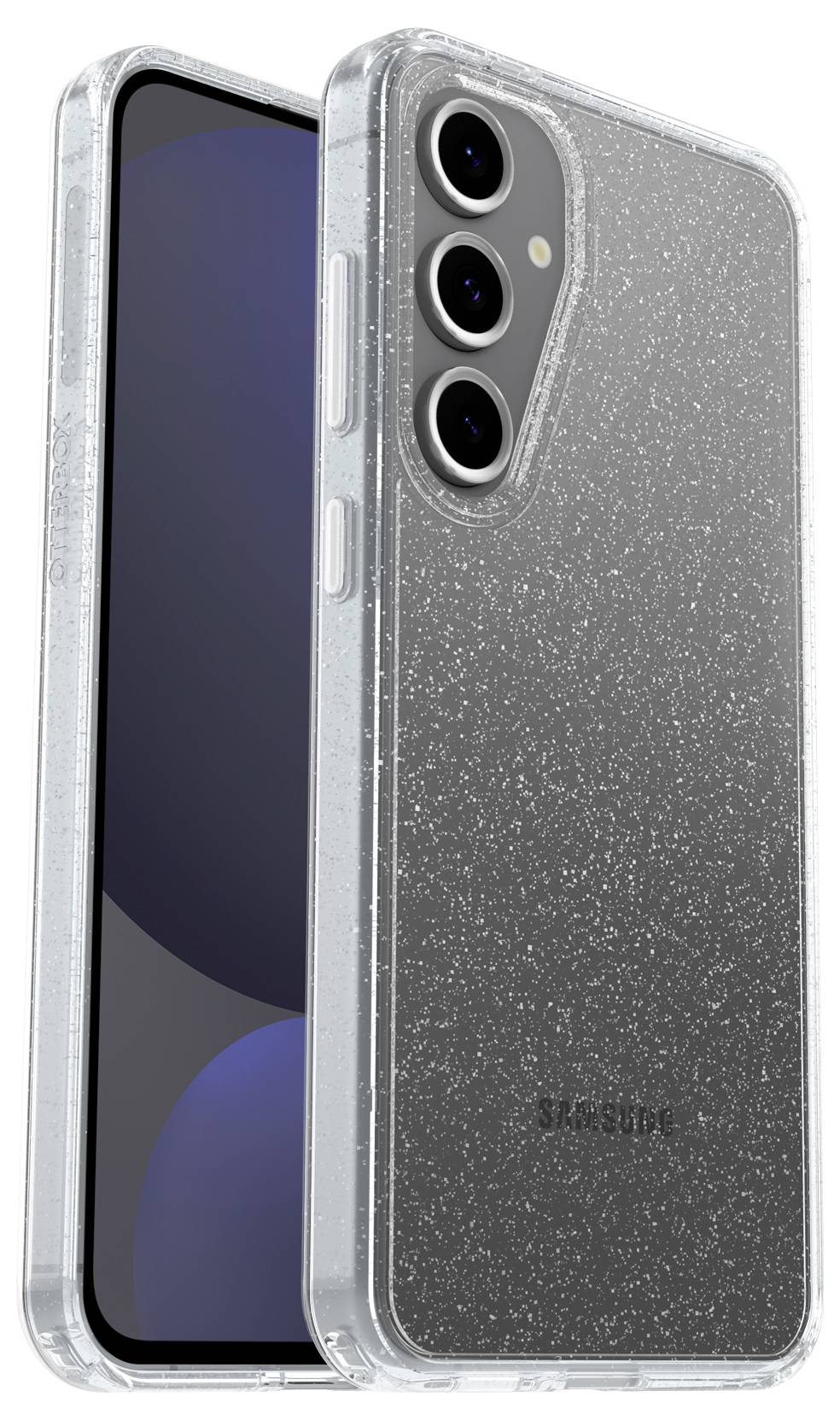 Przezroczyste etui na telefon z brokatem, dopasowane do smartfona z trzema obiektywami aparatu z tyłu.