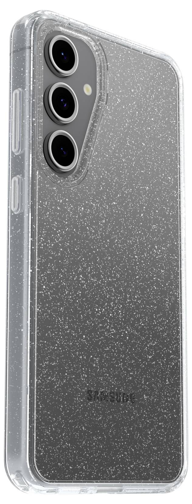 Przezroczyste etui na telefon ze świecącym wzorem, dopasowane do smartfona z trzema obiektywami aparatu. Obiektywy aparatu są ułożone pionowo.