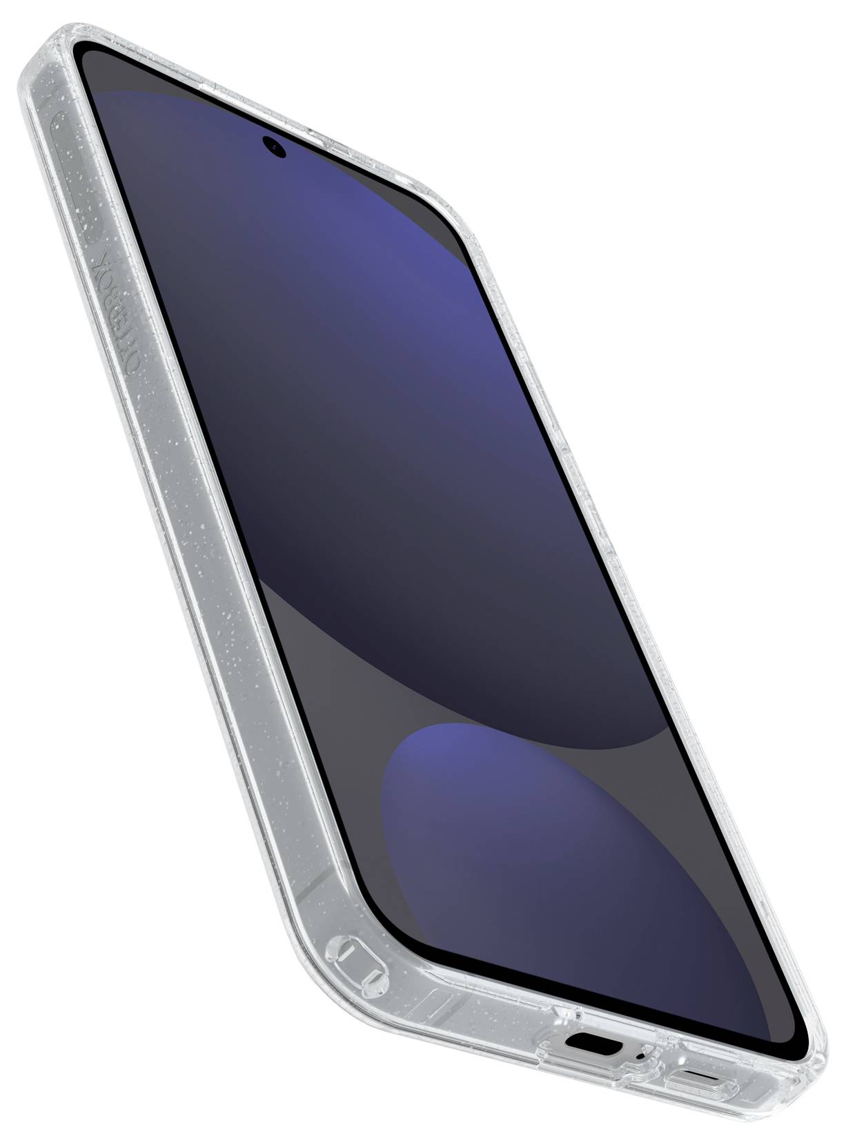 Smartfon z dużym ekranem w przezroczystej obudowie ochronnej; na wyświetlaczu widoczna jest abstrakcyjna niebieska grafika.