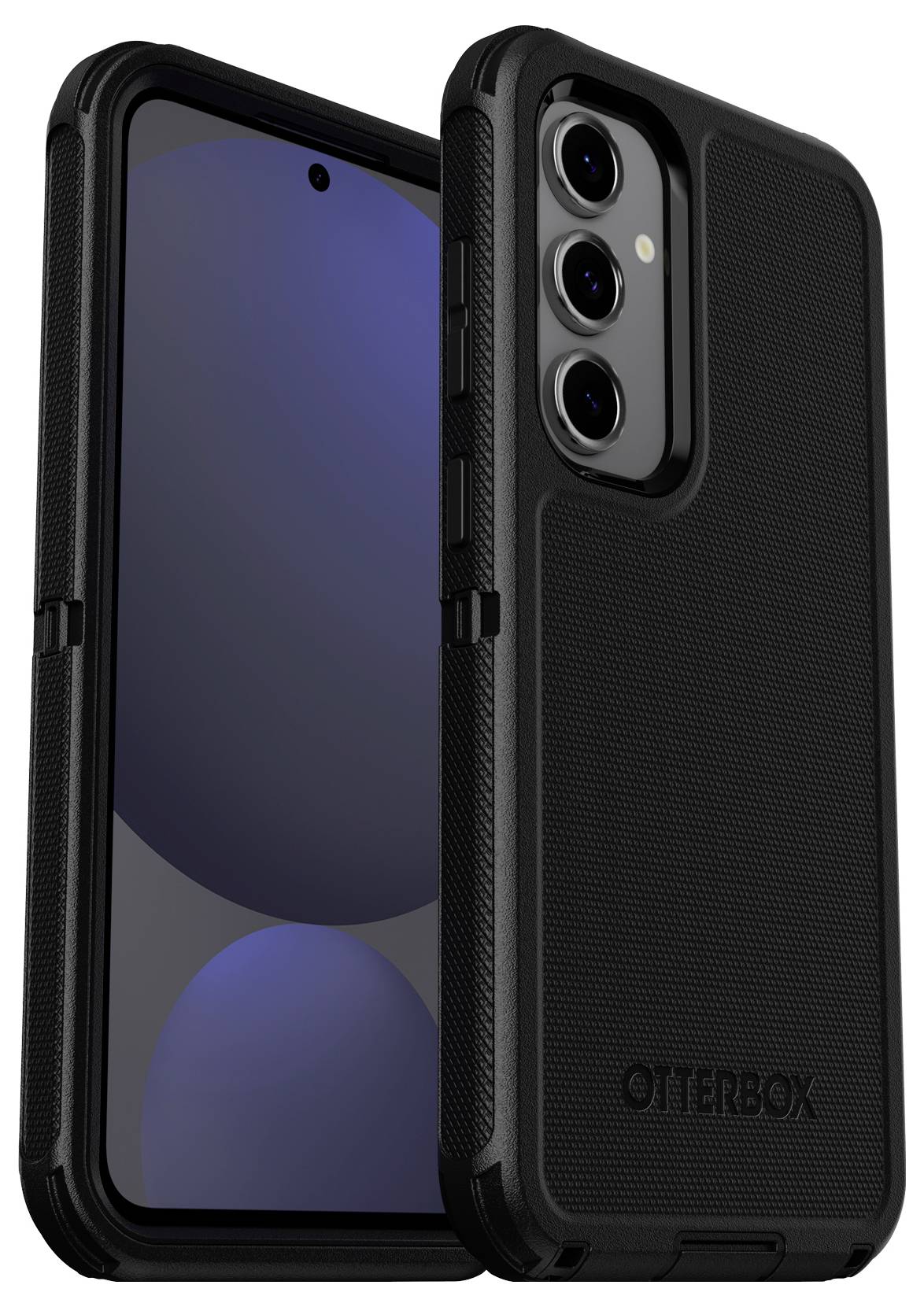 Czarny smartfon z wytrzymałą obudową ochronną, trzema obiektywami aparatu z tyłu, z nadrukiem marki 'OtterBox'.