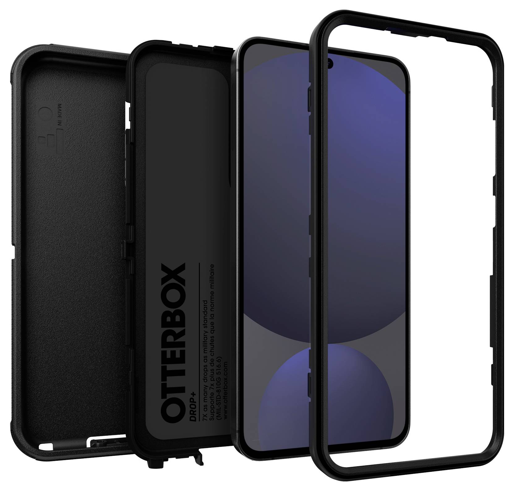 Obraz przedstawia czarną obudowę na telefon marki OtterBox o trójczęściowej konstrukcji: tylna część, ramka i przezroczysty ochraniacz, umieszczoną przed smartfonem.