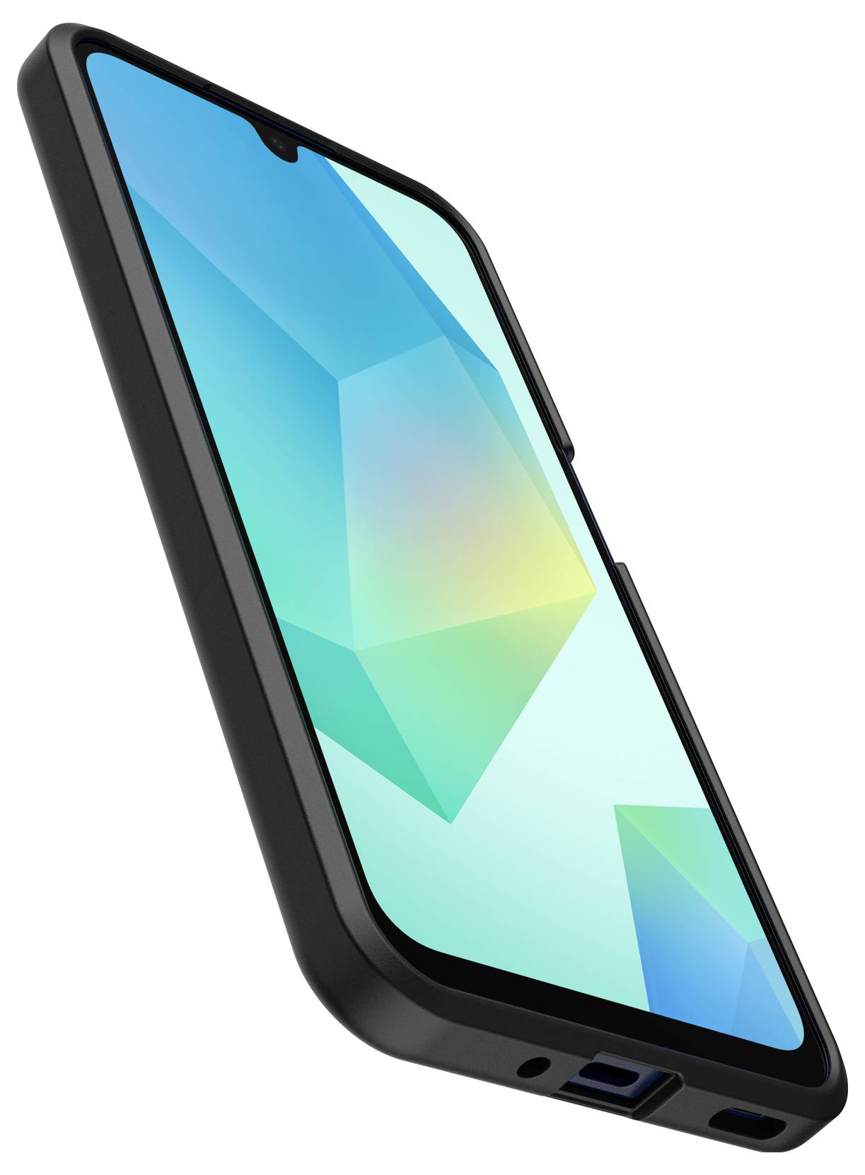 Smartfon z czarną obudową, wyświetlacz pokazuje geometryczny wzór w odcieniach niebieskiego i zielonego. Urządzenie jest sfotografowane pod skosem, z dolnej perspektywy.