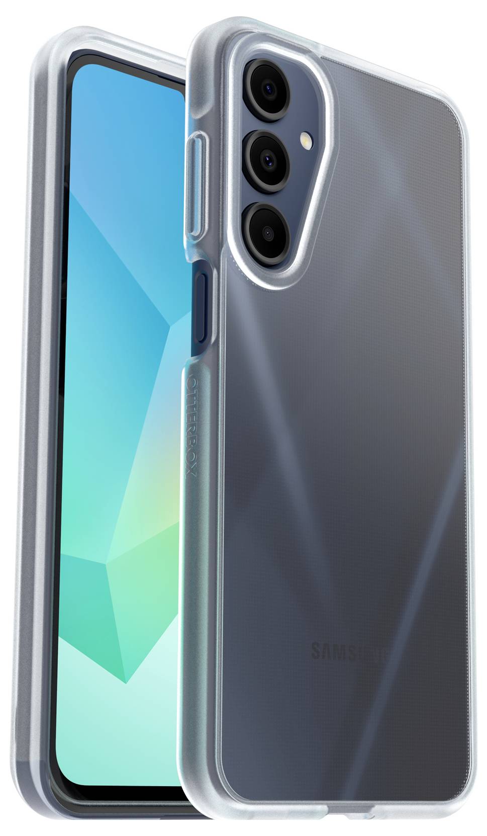 Smartfon z przezroczystą silikonową obudową. Urządzenie posiada duży wyświetlacz i trzy aparaty tylne.