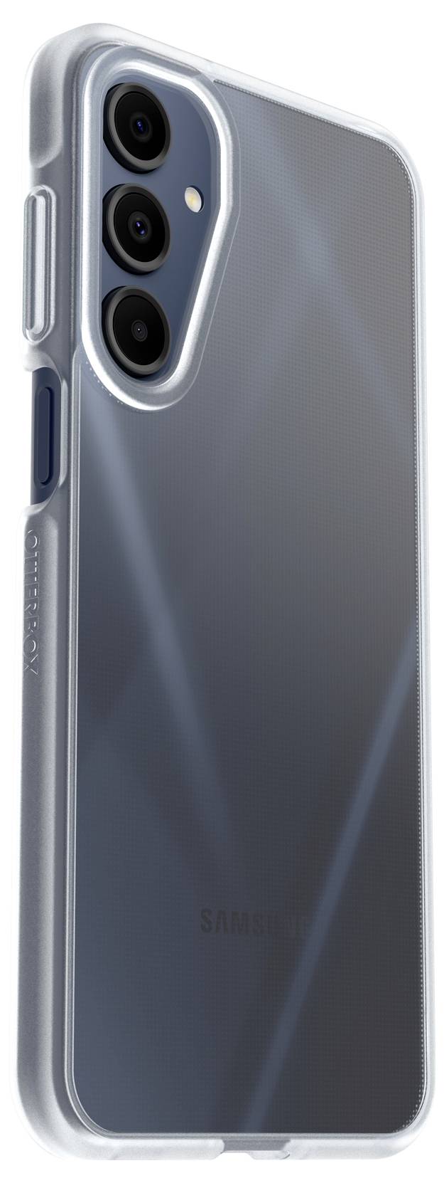 Smartfon z trzema kamerami w przezroczystej obudowie, tylna strona prezentuje błyszczący design.