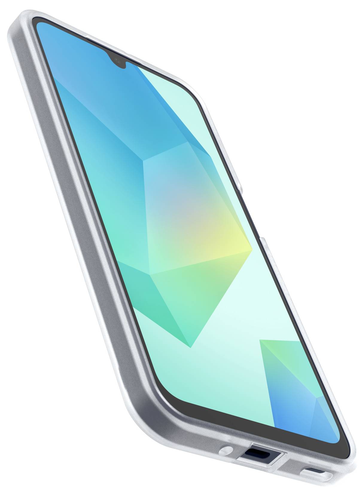 Nowoczesny smartfon z srebrną ramką i kolorowym wyświetlaczem, lekko pochylony do tyłu, na białym tle.