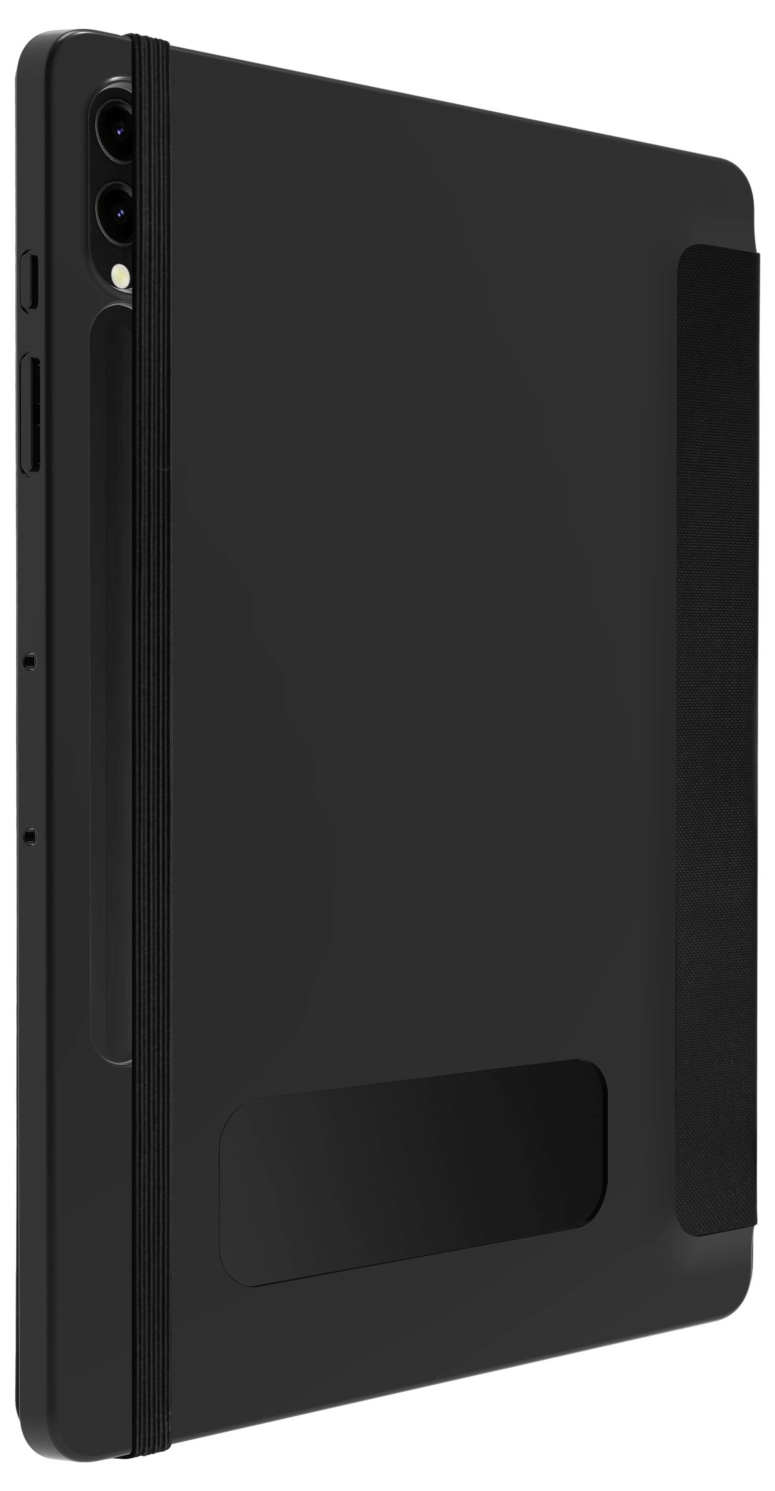 Czarny tablet w etui, ustawiony pionowo. Kamera widoczna w górnym lewym rogu.