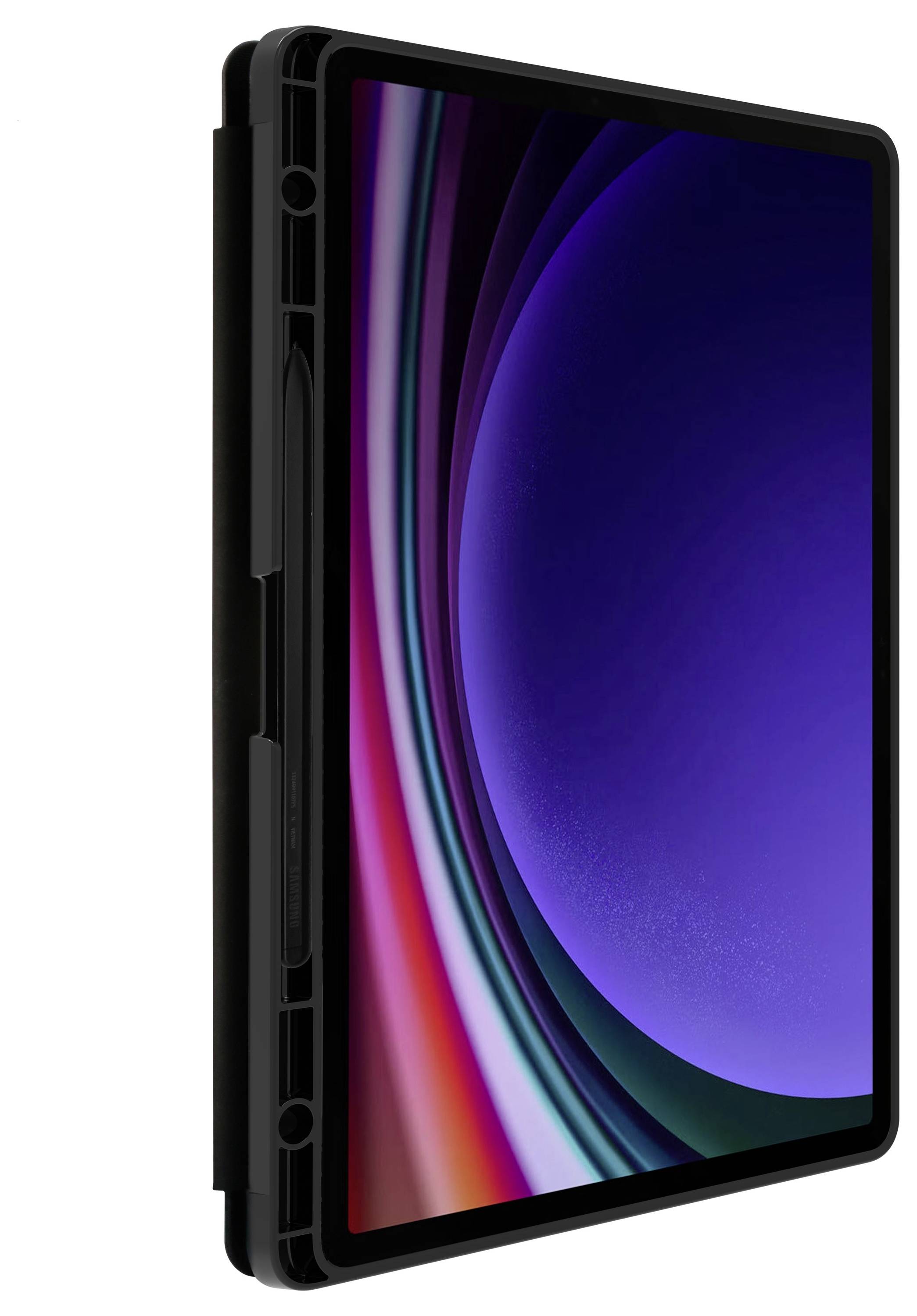 Czarny elektroniczny tablet z kolorowym wyświetlaczem, prezentujący abstrakcyjne łuki w kolorach czerwonym, fioletowym i niebieskim na ciemnym tle.