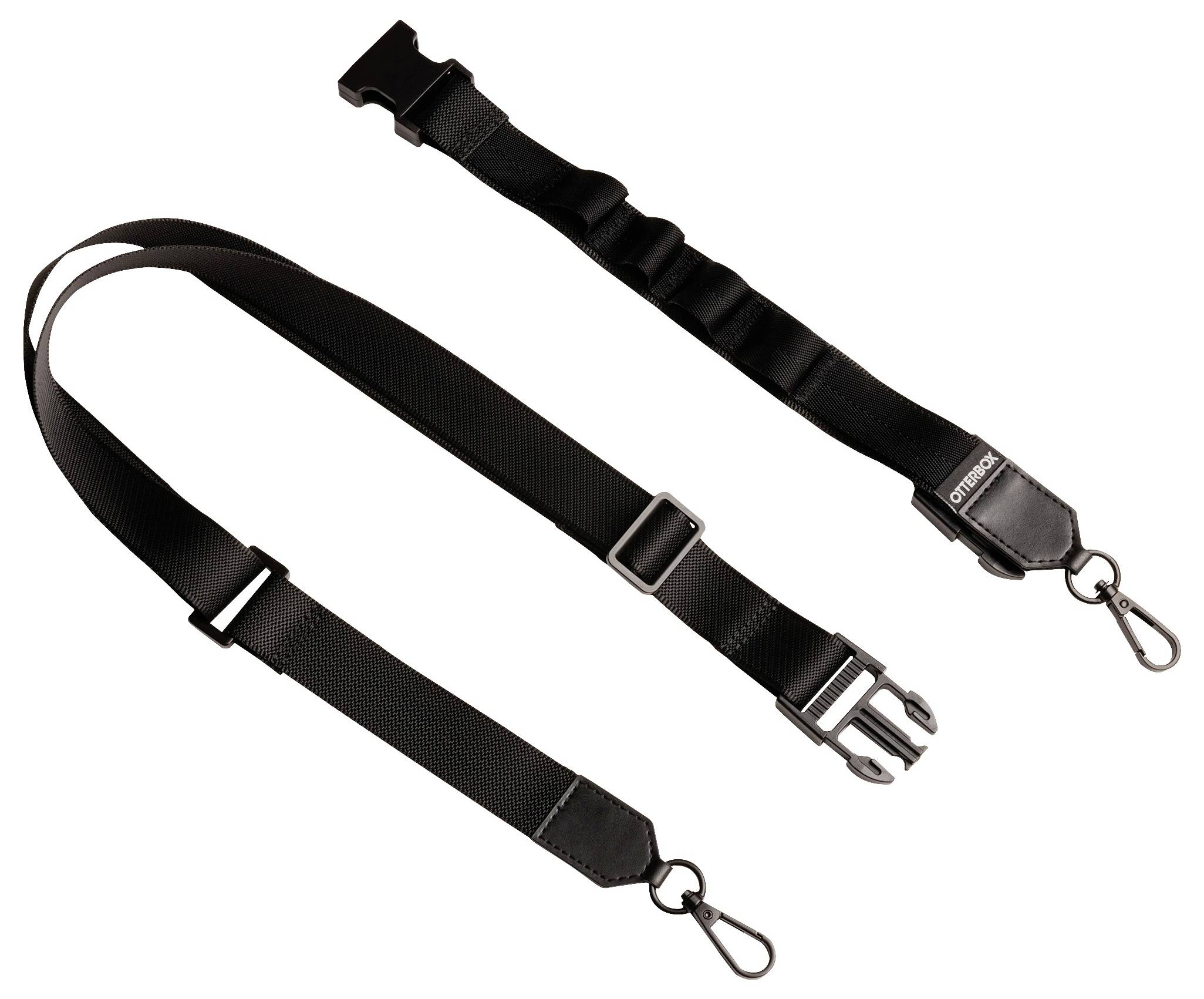 Czarny, regulowany pasek z metalowymi hakami na końcach i plastikową klamrą pośrodku do mocowania przy torbach lub walizkach.