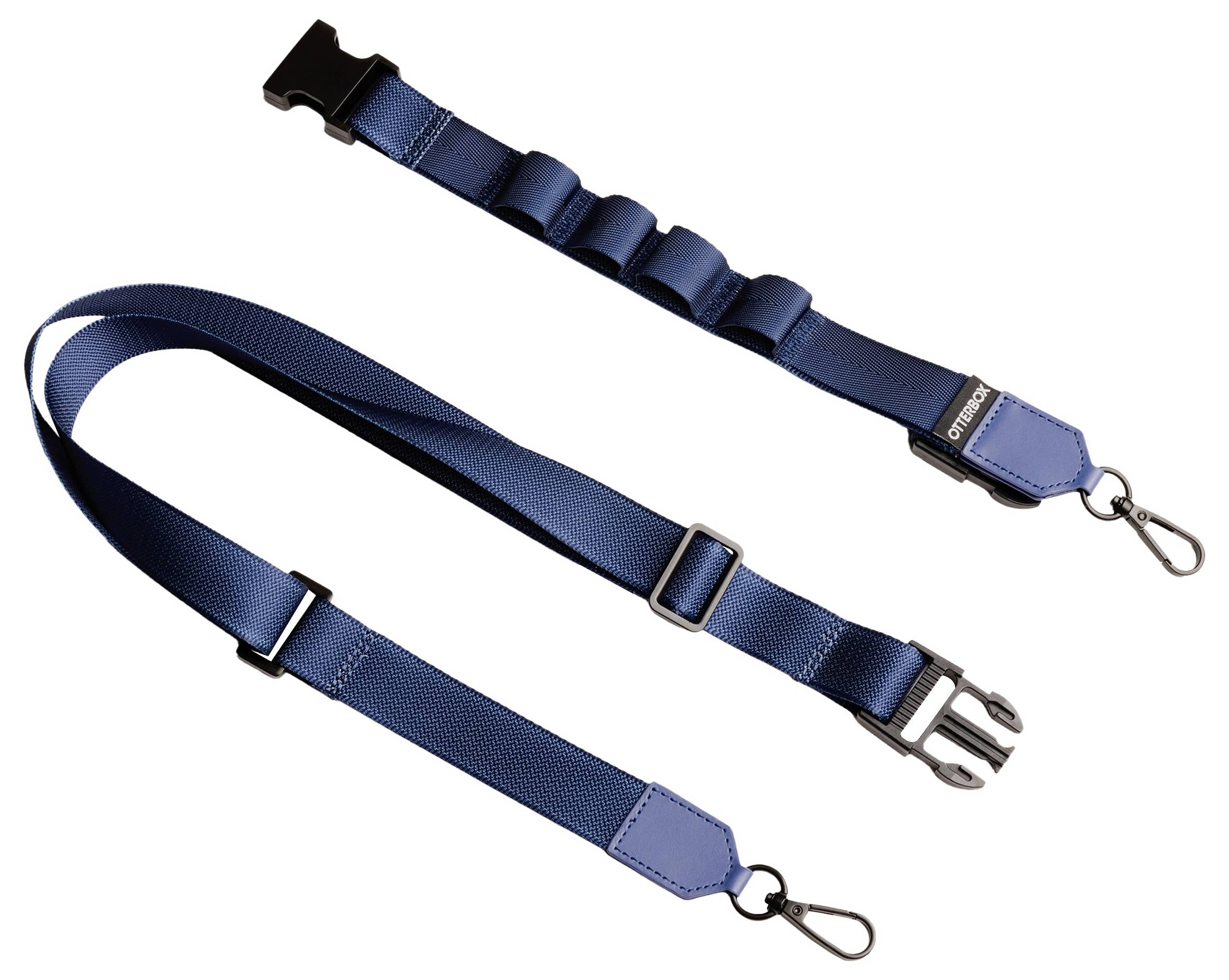 Niebieska, regulowana długość taśma bagażowa z klamrami i karabińczykami, idealna do zabezpieczania lub mocowania bagażu.