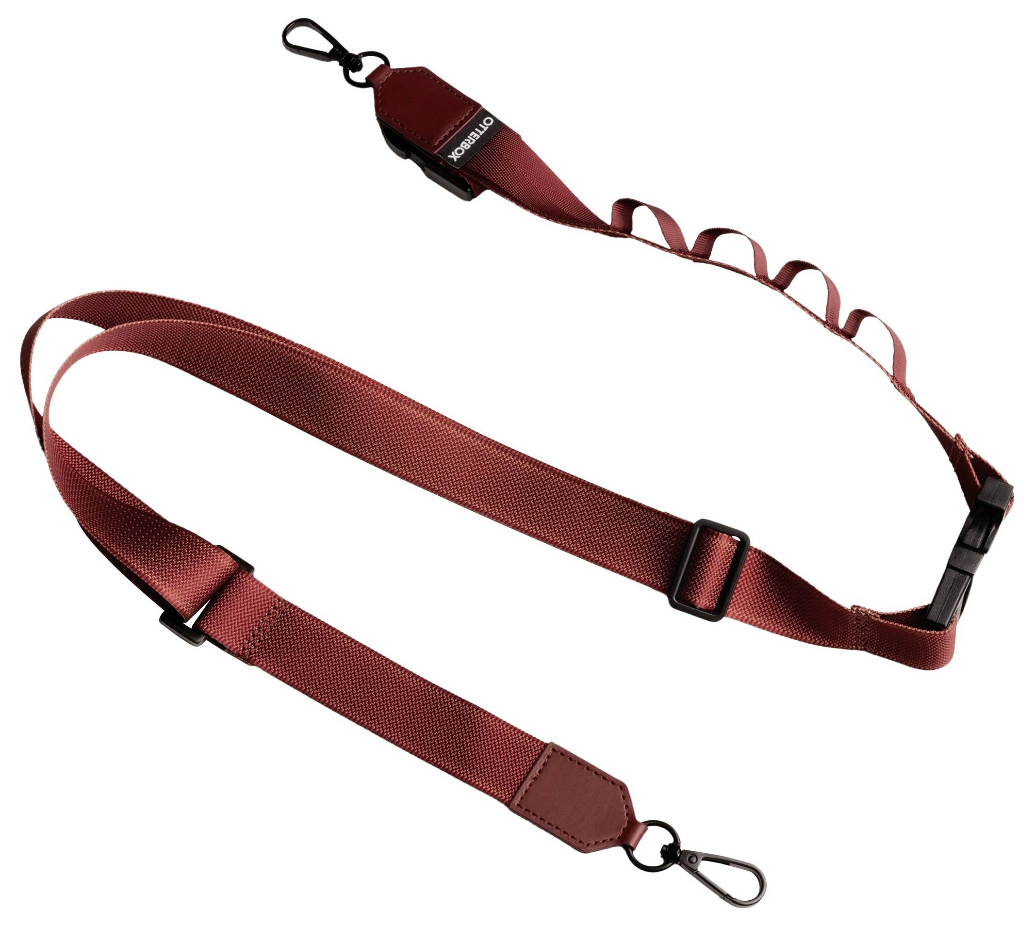 Czerwony pasek do aparatu z metalowymi klamrami i wieloma pętlami mocującymi, zapewniający bezpieczne noszenie i mocowanie aparatów fotograficznych.