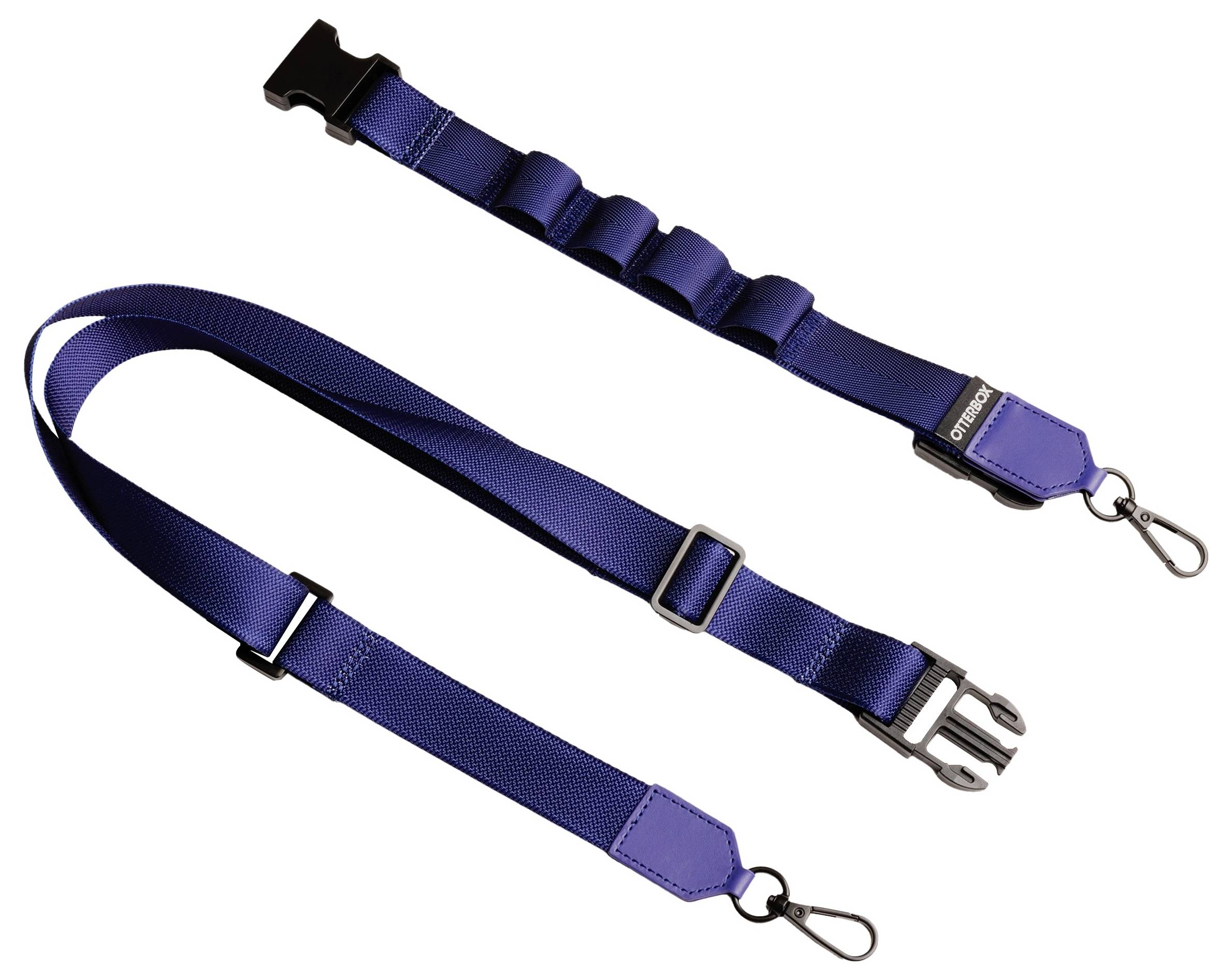 Niebieski, regulowany pas z hakami i klamrami na obu końcach, odpowiedni do toreb lub sprzętu fotograficznego.