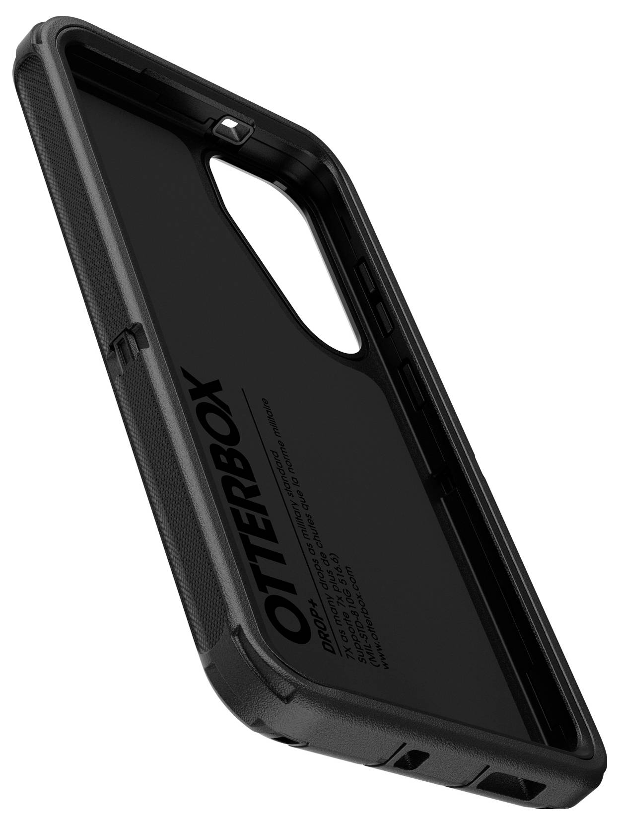 Czarne etui na smartfona z napisem 'OTTERBOX', sfotografowane pod skosem, o wytrzymałej konstrukcji z wzmocnionymi narożnikami zapewniającymi ochronę.