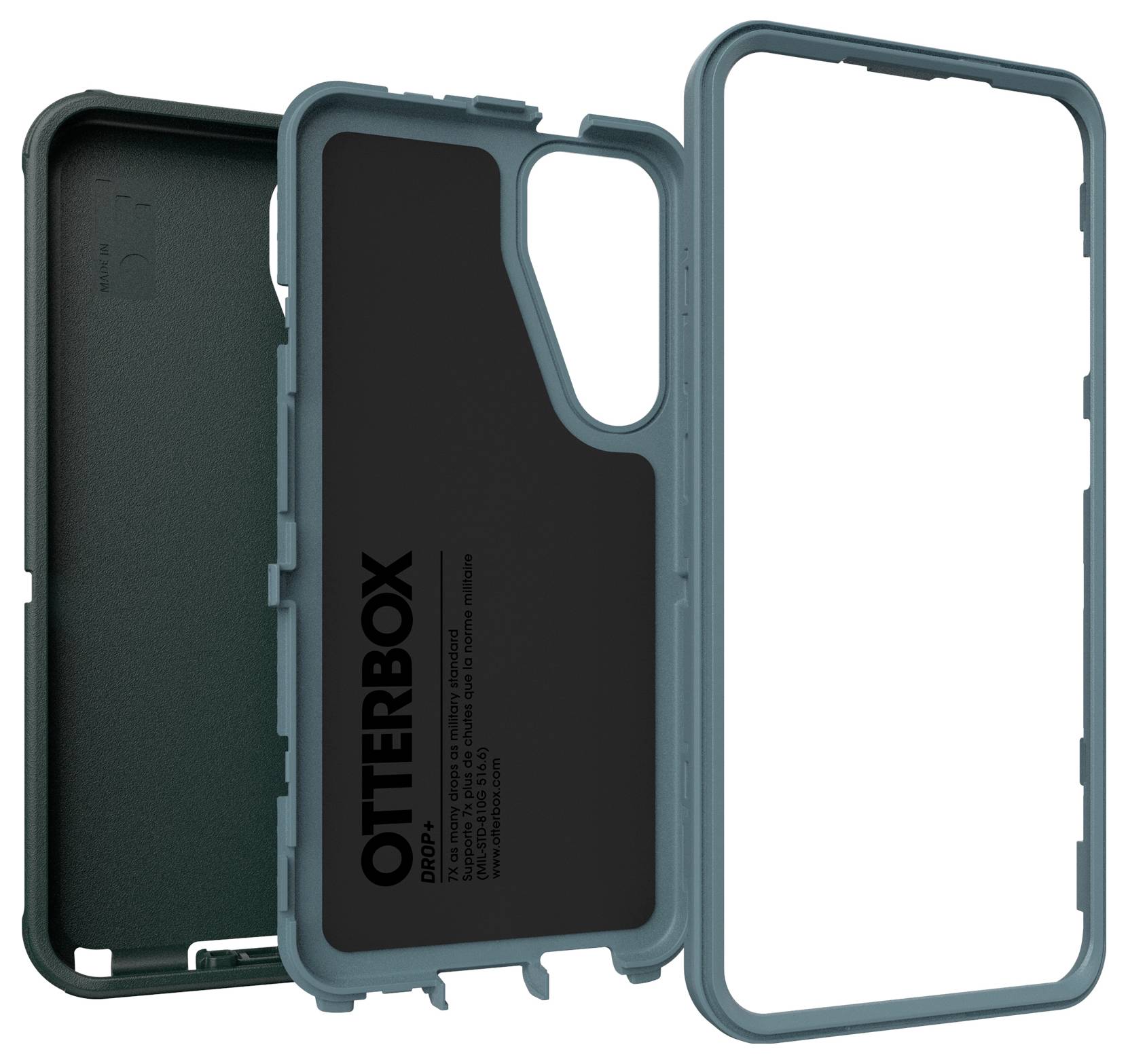 Etui ochronne do smartfona składające się z trzech części: tylnej pokrywy z nazwą marki 'Otterbox', wewnętrznej warstwy ochronnej oraz przedniej ramki.