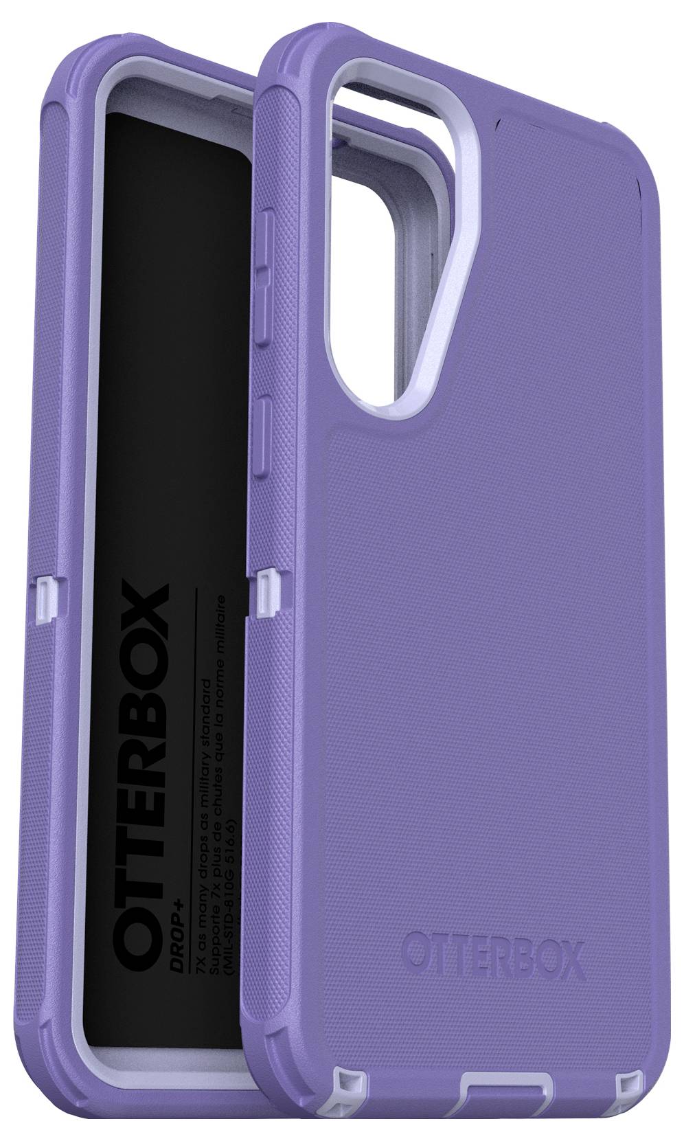 Fioletowe etui na smartfona marki OtterBox, chroniące telefon przed wstrząsami, przedstawione w lekko otwartej pozycji.