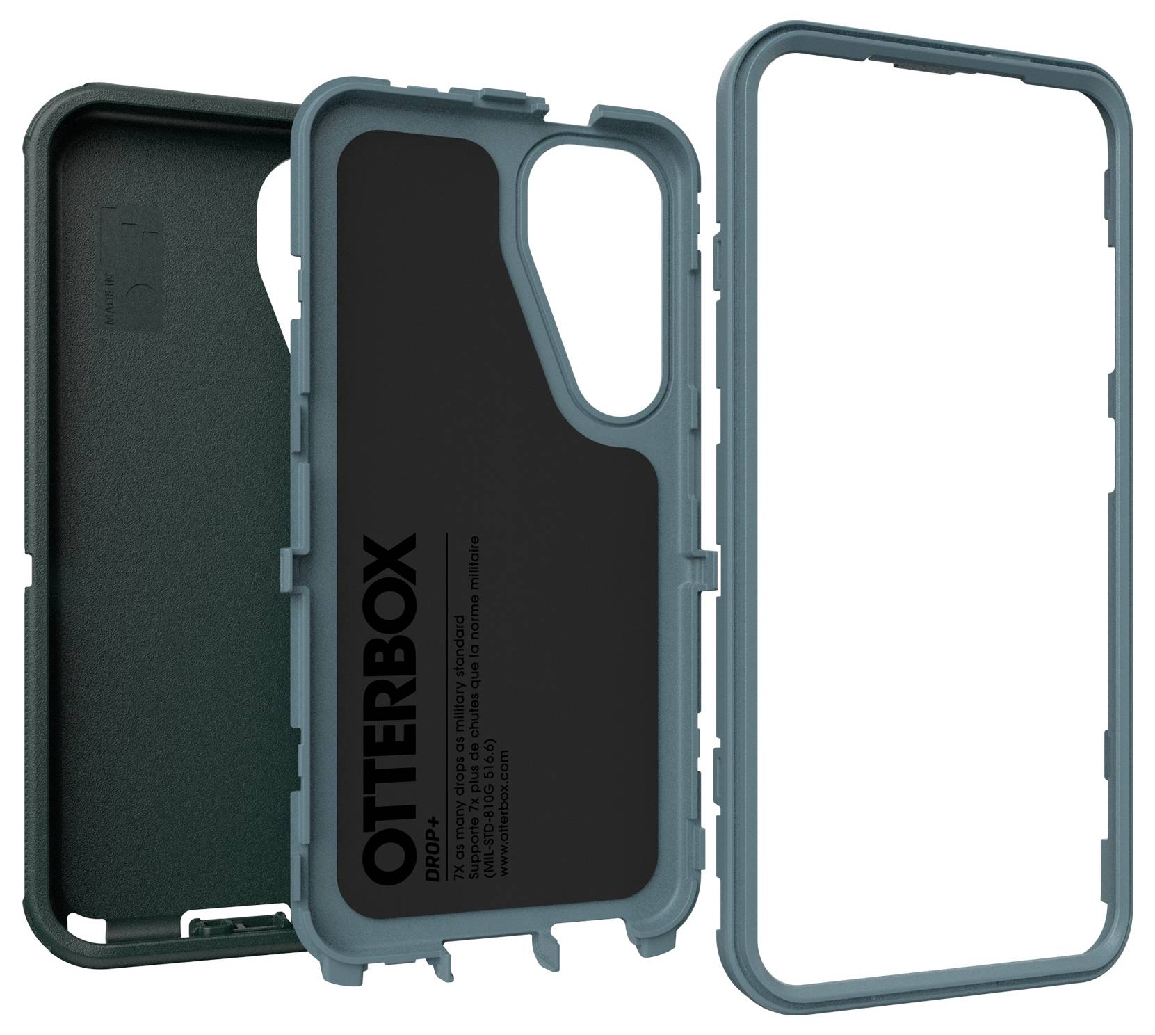 Etui ochronne do smartfona składające się z dwóch części; w kolorze ciemnozielonym z czarnym wstawką, z widocznym logo Otterbox, zapewnia solidną ochronę.