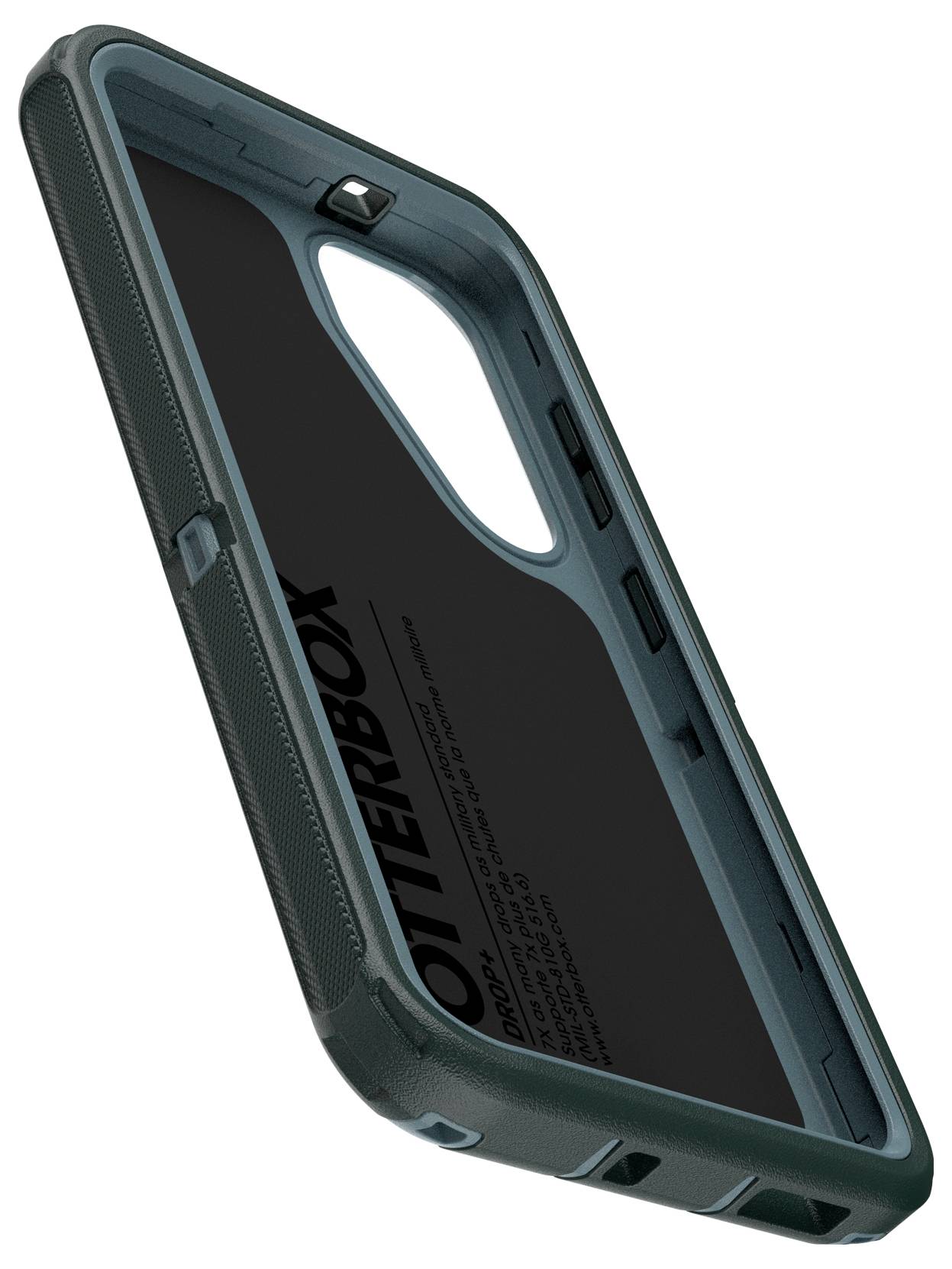 Solidny, zielono-czarny pokrowiec na telefon z antypoślizgowymi uchwytami oraz wycięciami na aparat i złącza.