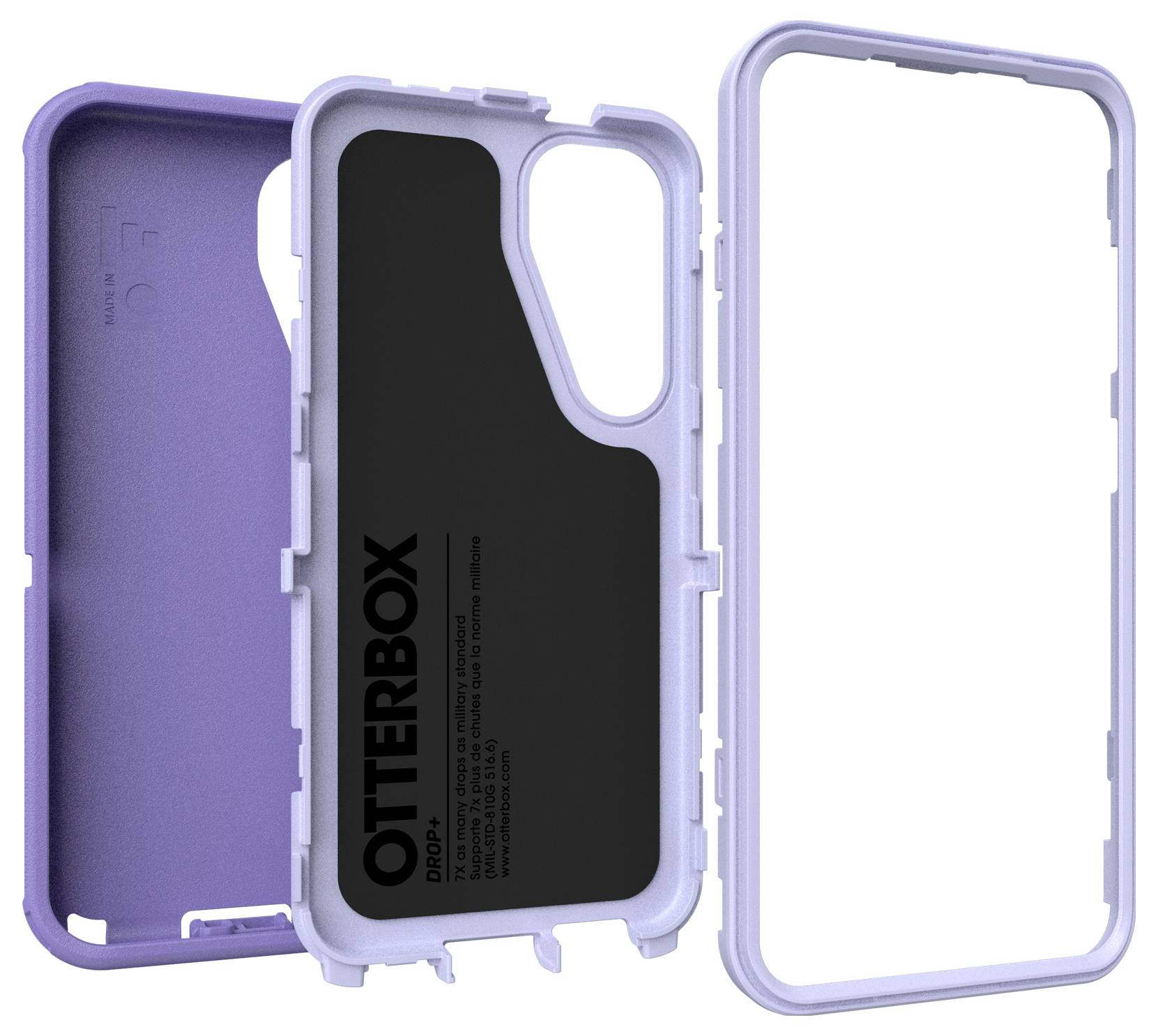 Trzyczęściowe etui na telefon w kolorach fioletowym i białym. Składa się z tylnej obudowy, zdejmowanej ramki oraz czarnej wewnętrznej części z logo 'Otterbox'.