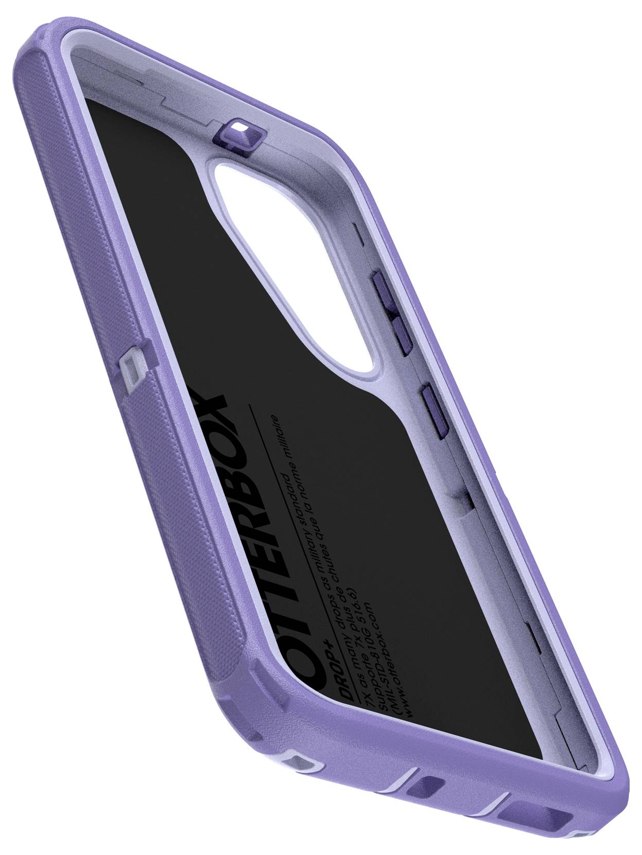 Fioletowe etui na smartfona o wytrzymałej konstrukcji z antypoślizgowym uchwytem, odsłoniętym wycięciem na aparat oraz osłonami przycisków.